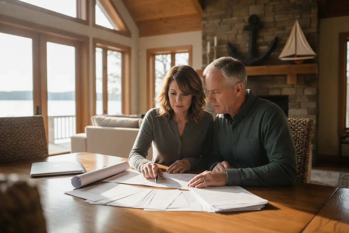 Co-owners reviewing a deed and financing documents for a vacation home