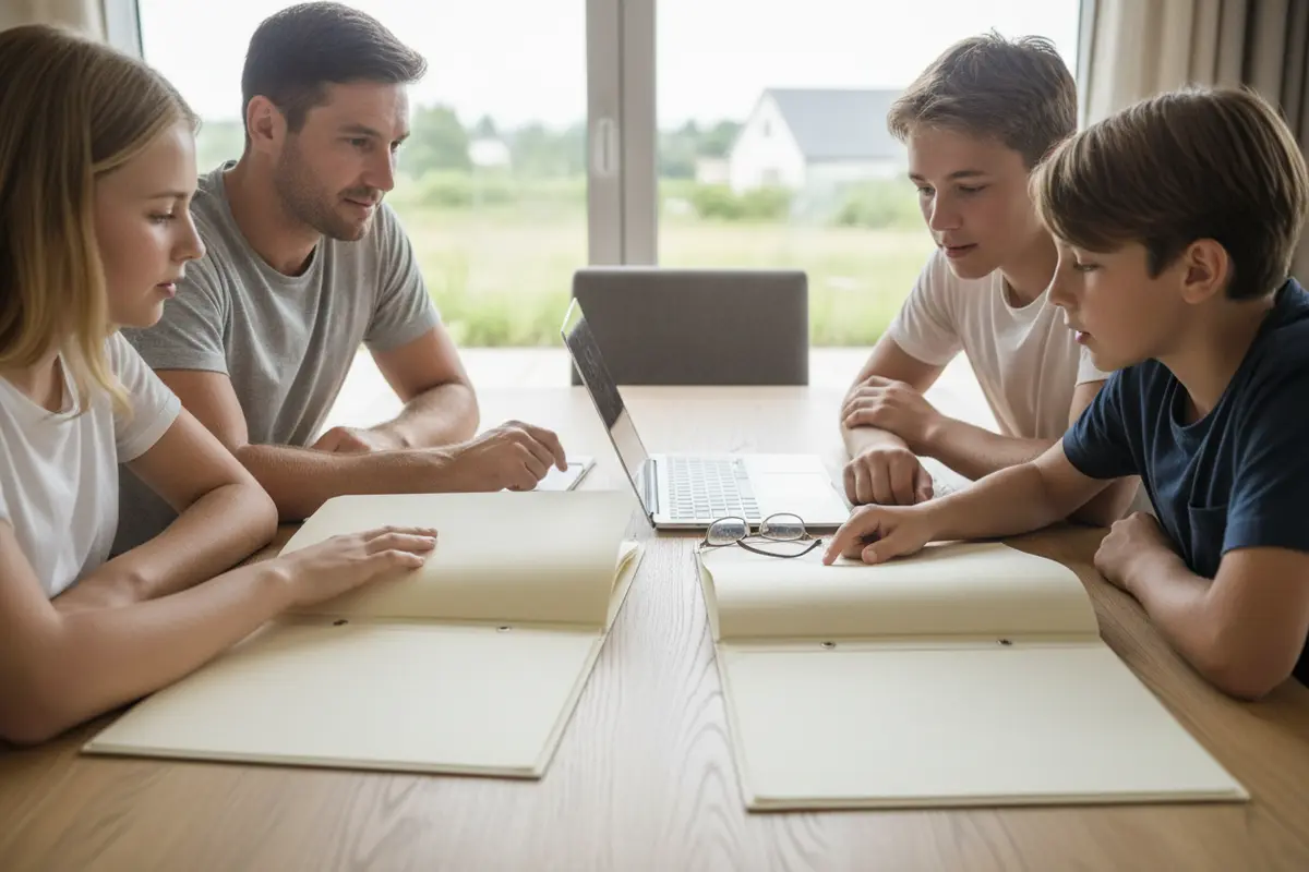 Family comparing financing paperwork for a shared vacation home