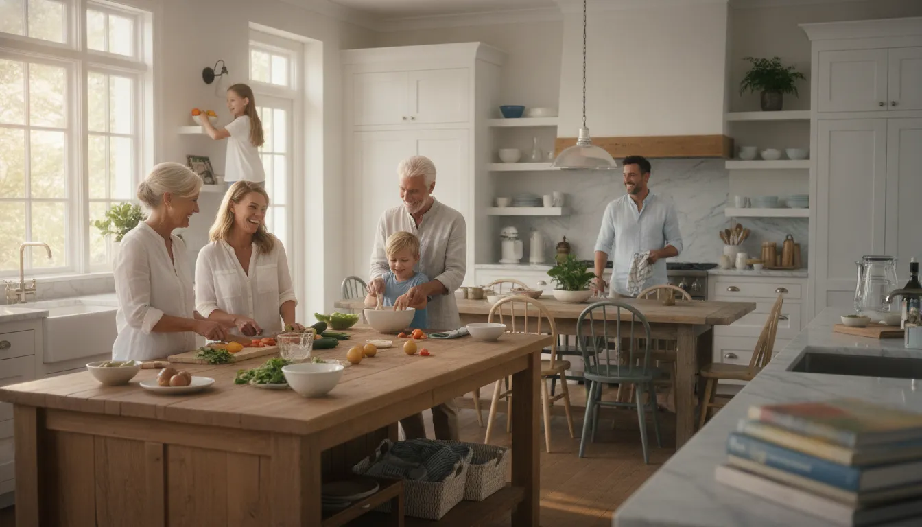 Three generations sharing a meal in a vacation home kitchen