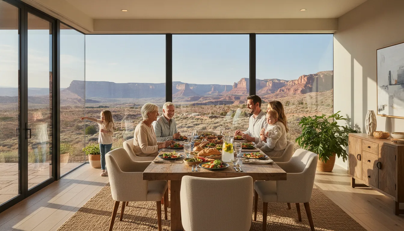 Three generations sharing a meal in a Southwest vacation home