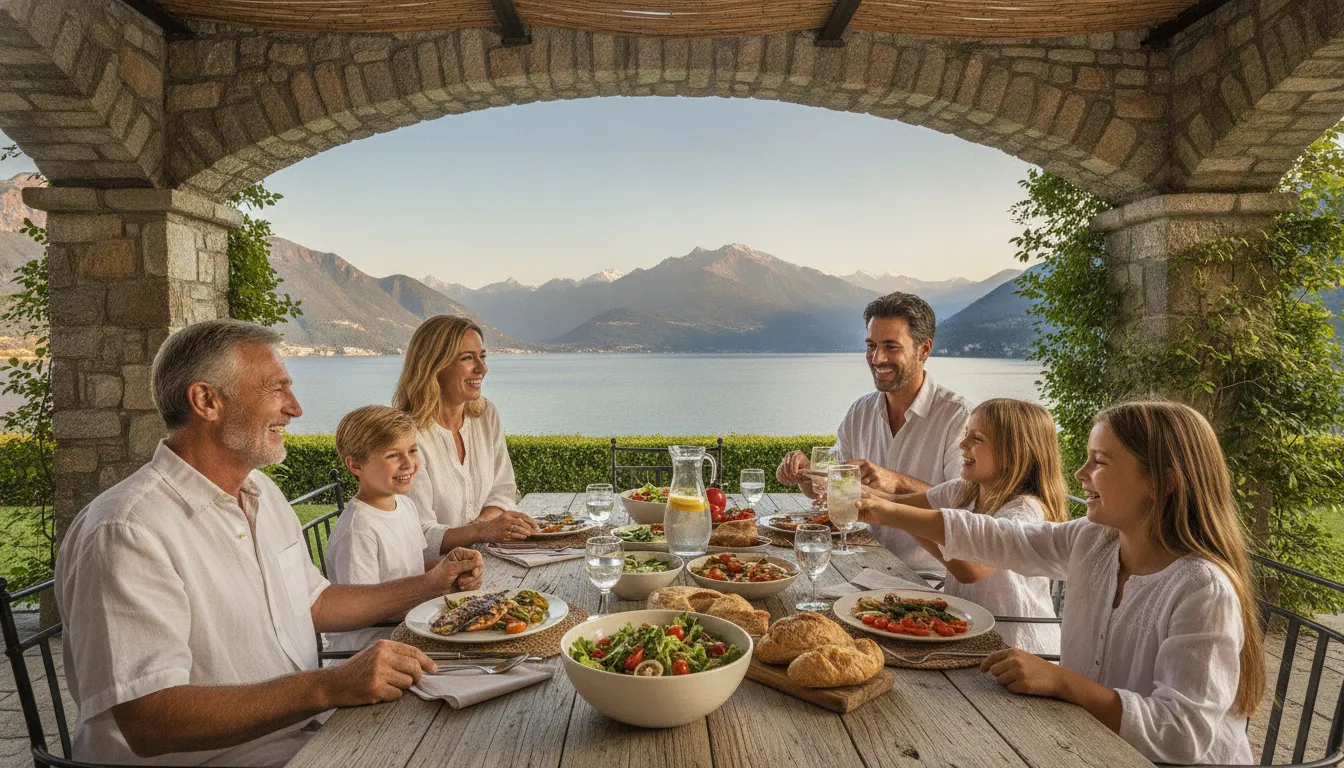 Multigenerational family sharing a meal at a vacation home