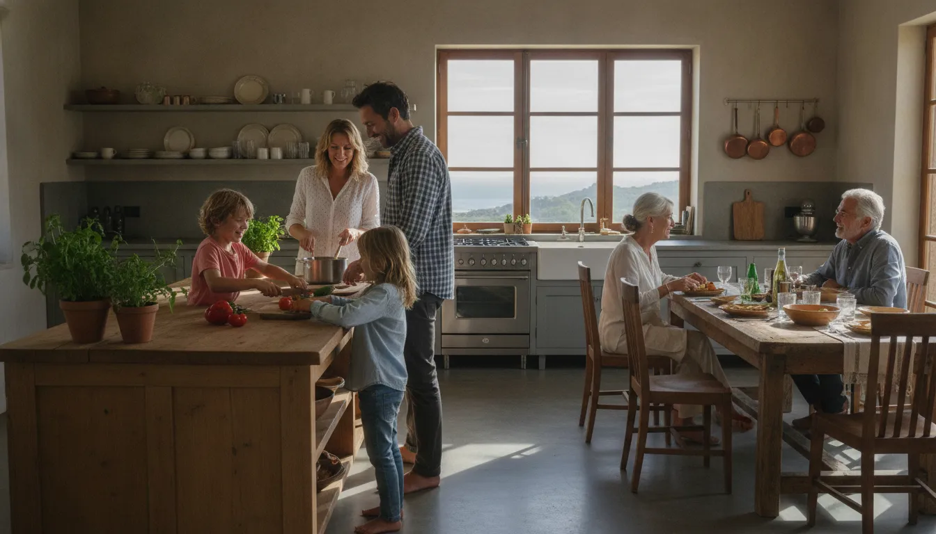 Three generations sharing a meal in a vacation home kitchen