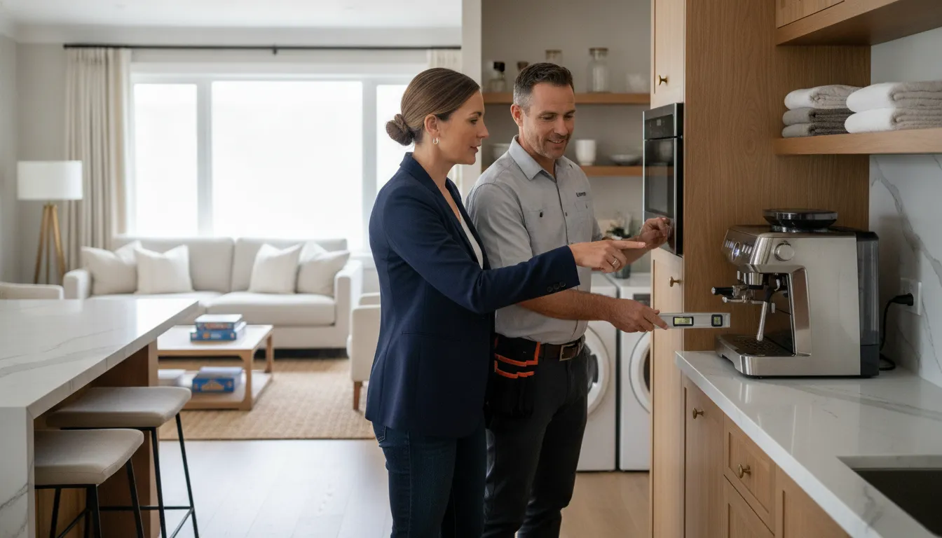 Property manager and service professional inspecting a vacation home
