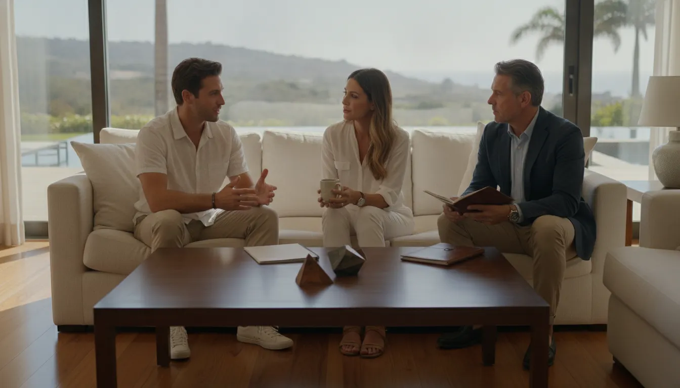Co-owners discussing shared vacation-home decisions with a neutral advisor