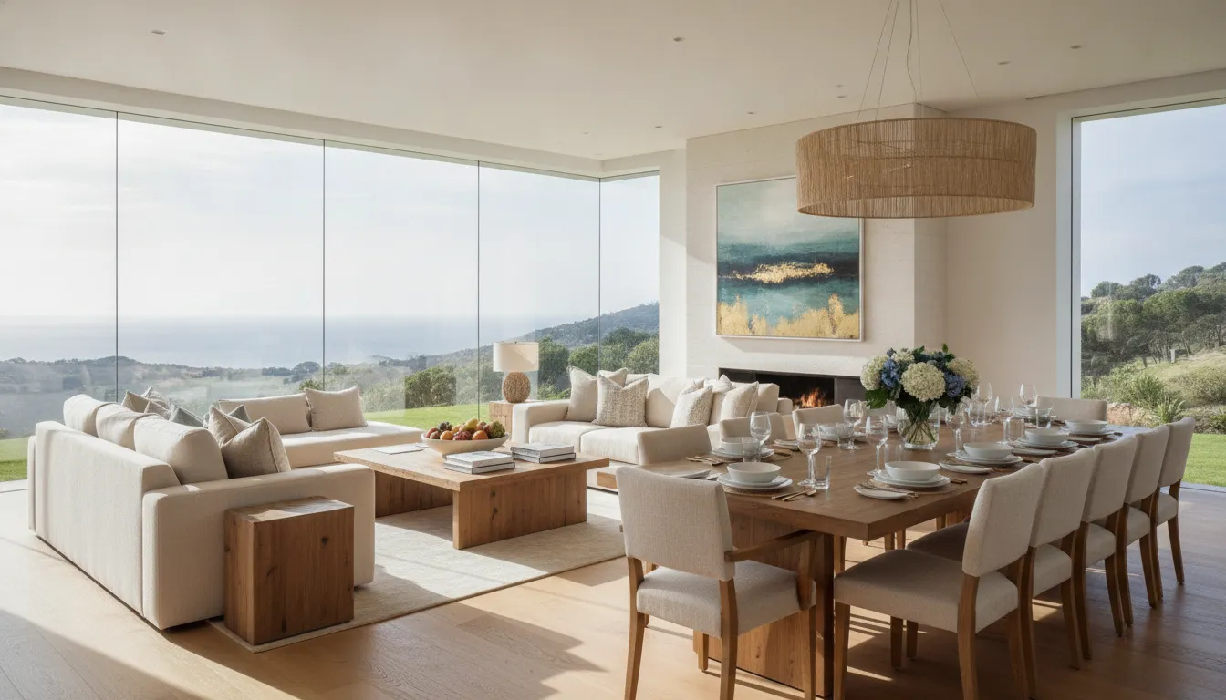 Furnished vacation home living and dining room set for a family gathering