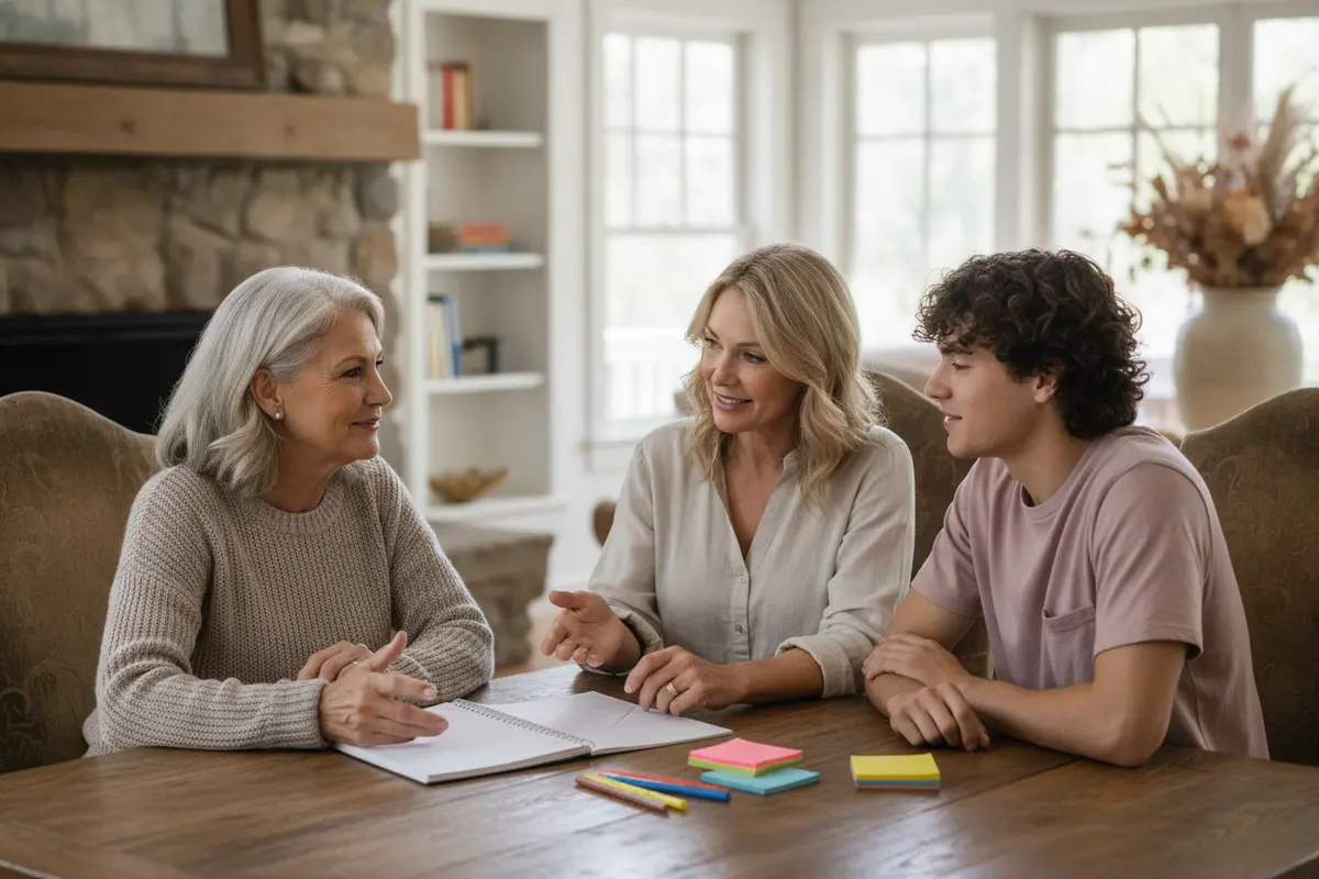 Three generations discussing what they want from shared vacation-home time