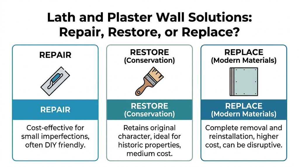 A comparison chart outlining options for lath and plaster walls including repair, restore, and replace methods.