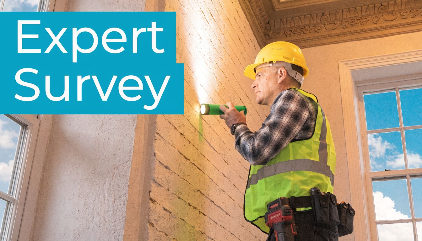 An inspector in a hard hat and safety vest examines a lath and plaster wall using a flashlight.