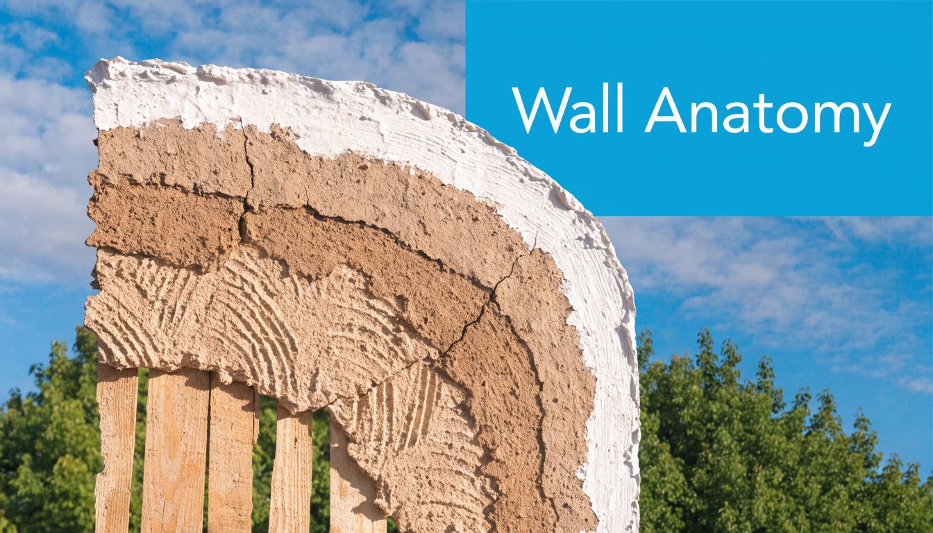 A cross-section of a wall showing lath and plaster construction layers against a blue sky background.