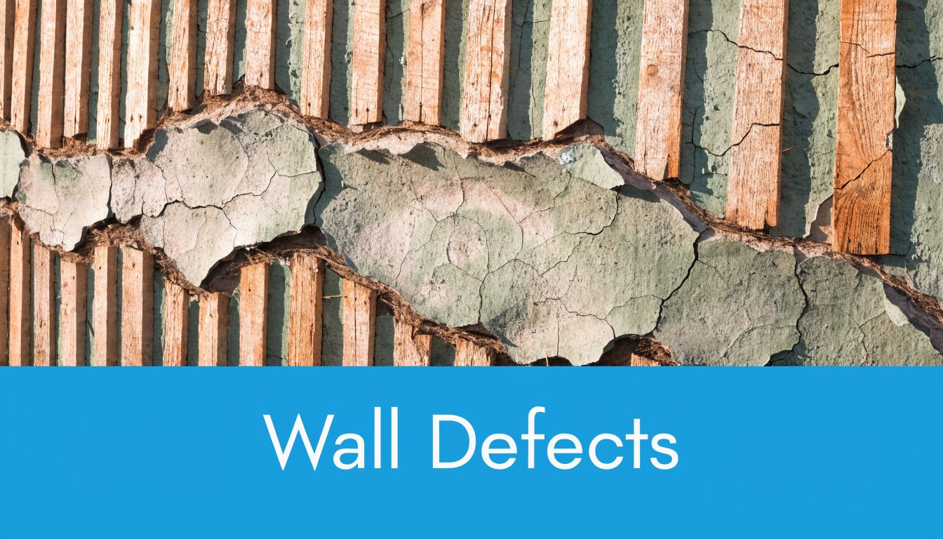 A close-up of a damaged lath and plaster wall showing crumbling mortar and exposed wooden slats.