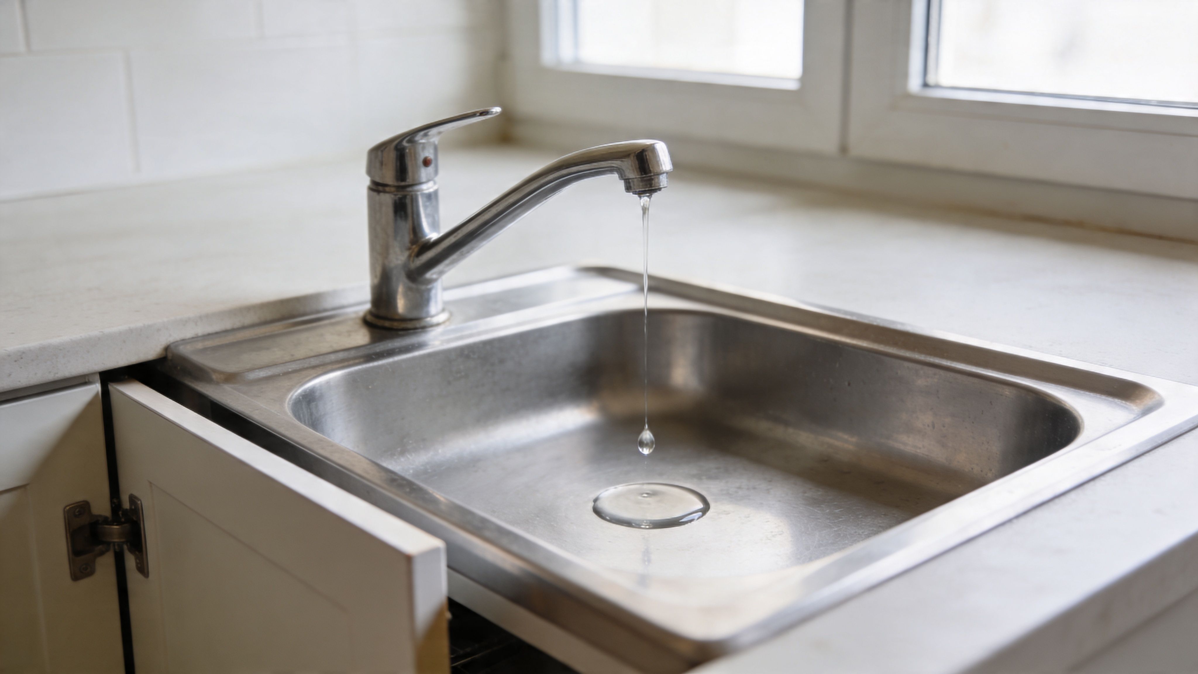 A chrome kitchen faucet dripping a single water drop into a stainless steel kitchen sink in a house.