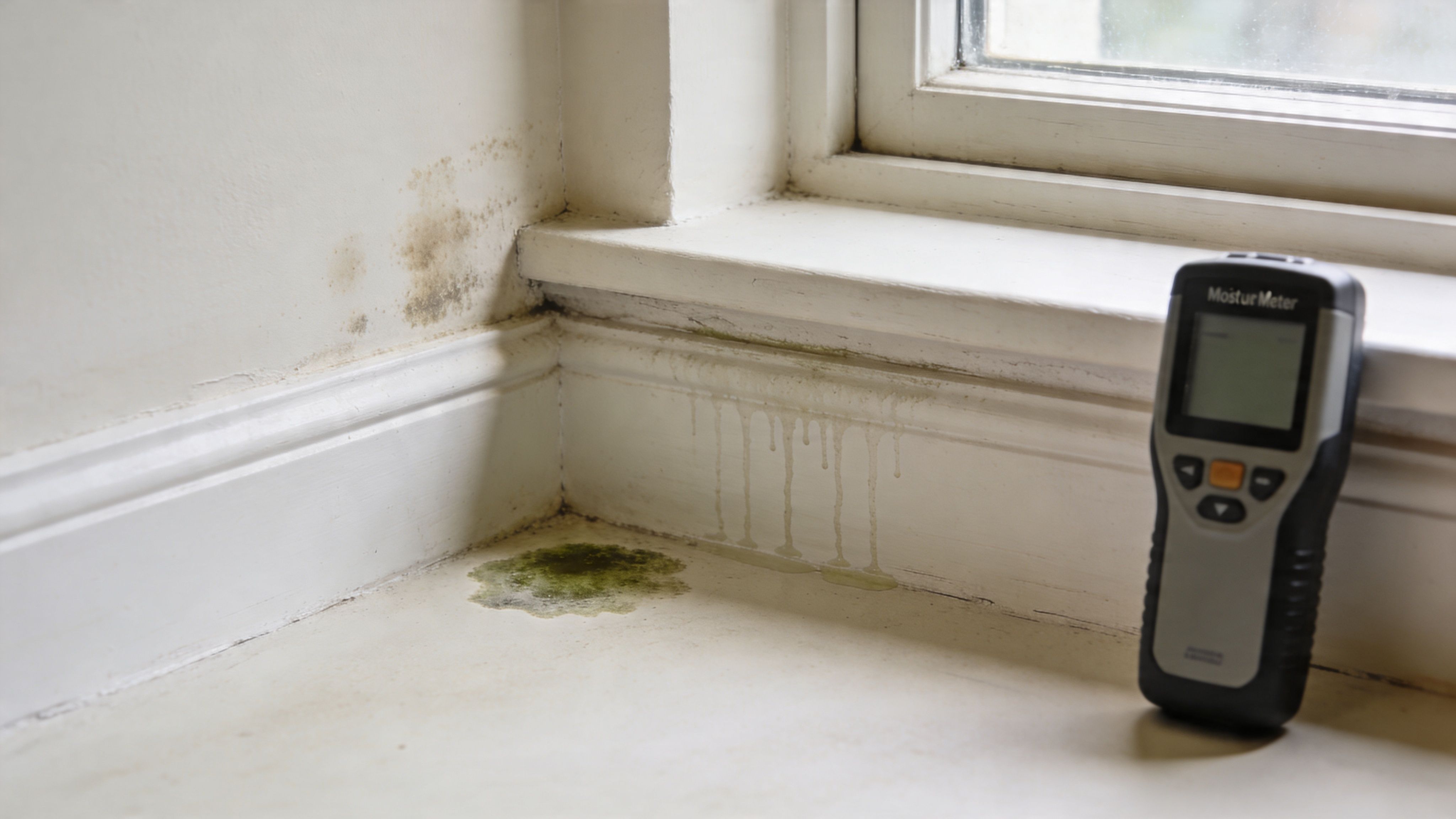 A moisture meter sits on a windowsill next to visible mold growth and water stains on walls.
