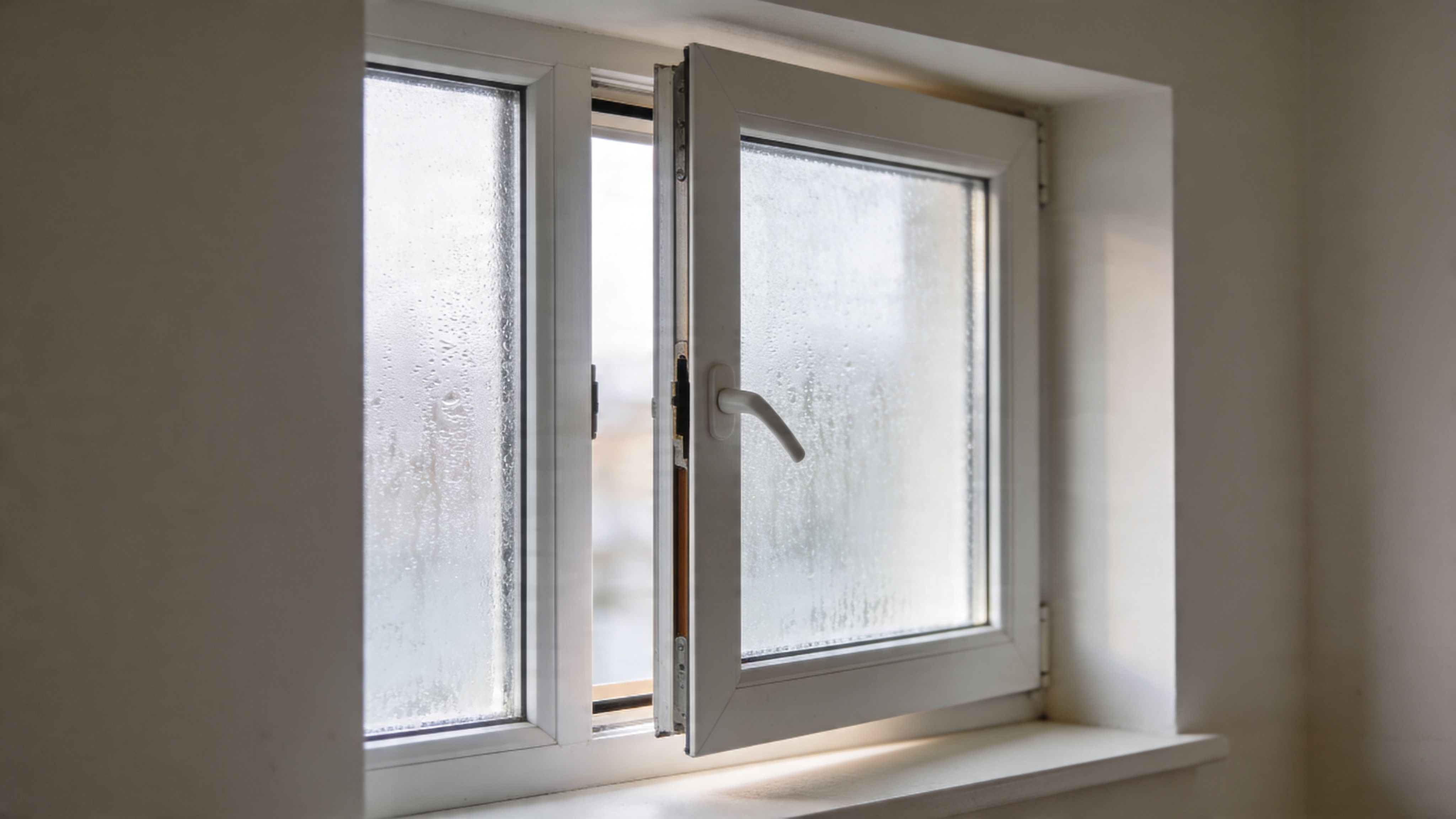A condensation-covered white uPVC window frame with one pane slightly open, viewed from inside a room.