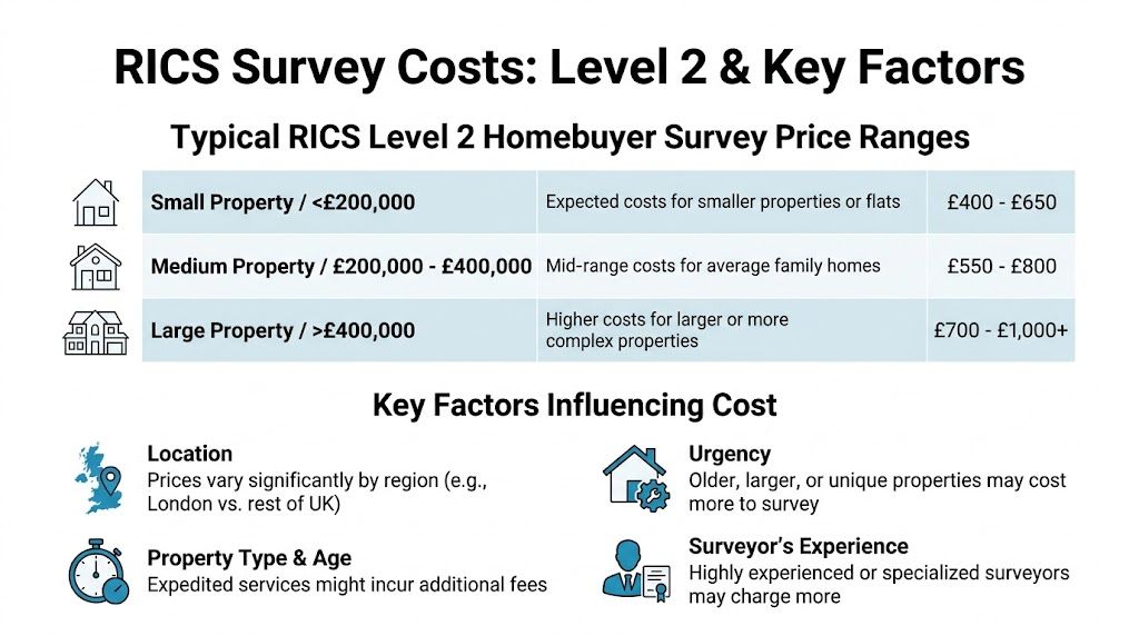 A table outlining typical RICS Level 2 homebuyer survey price ranges based on property value and size.
