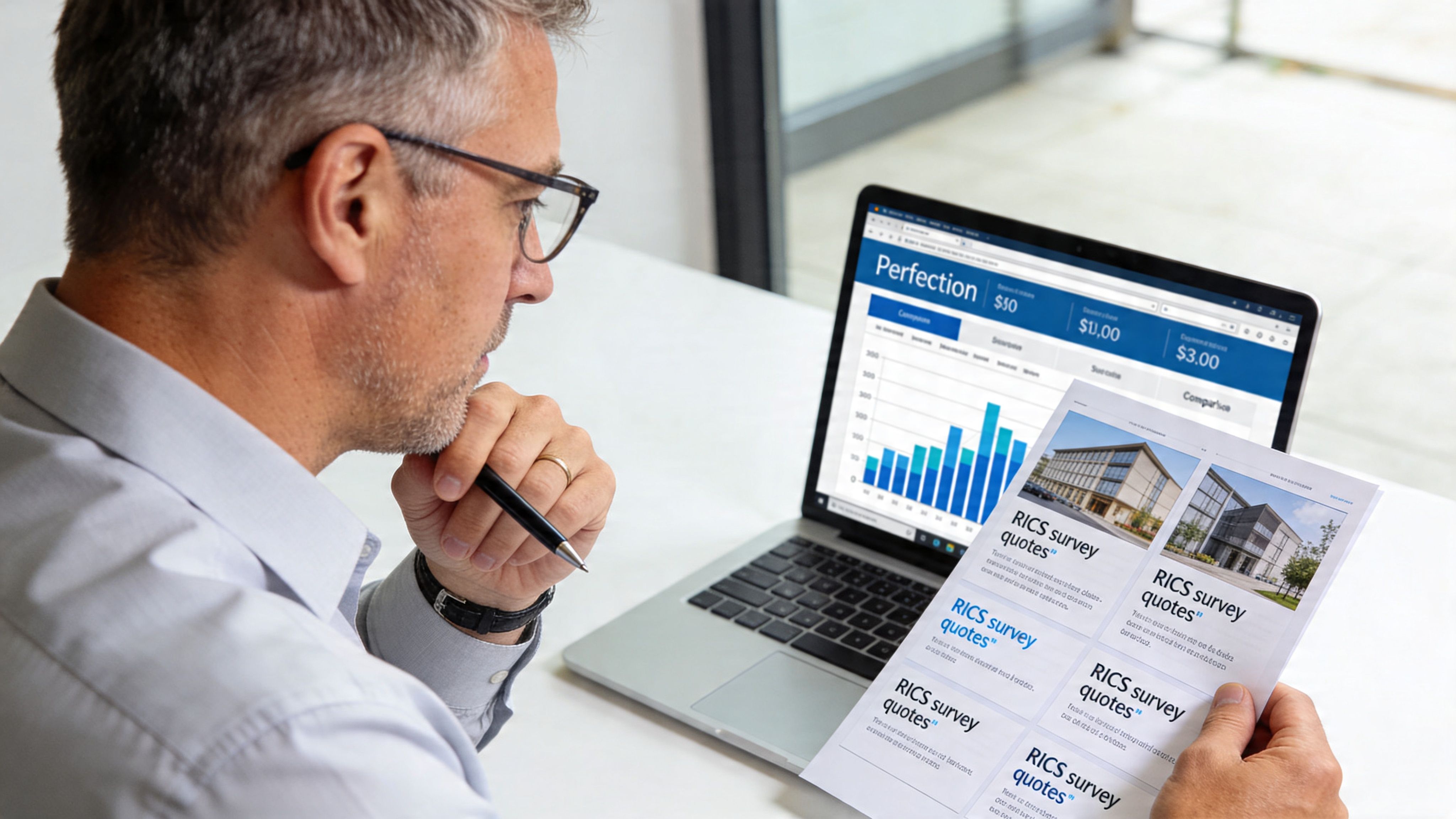 A professional man reviewing RICS survey quote documents while analyzing business data on his laptop computer.