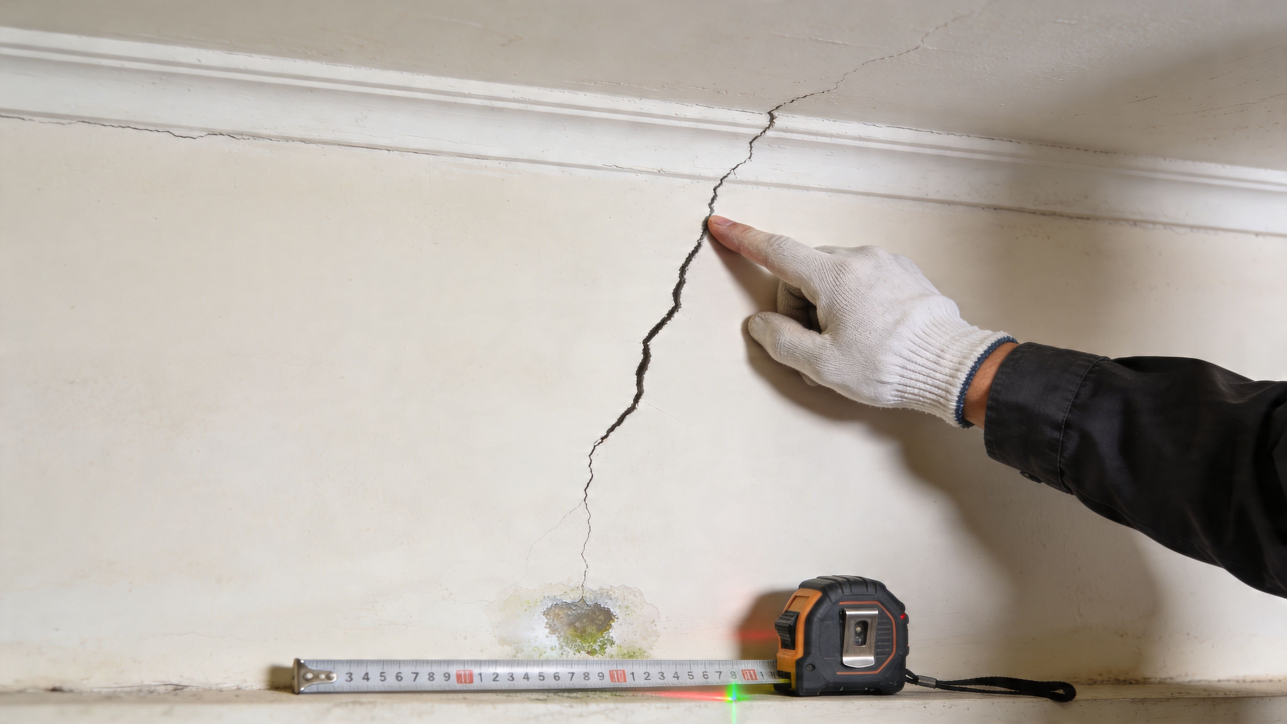 A professional construction inspector examining a wall crack with a measuring tape during a home inspection.