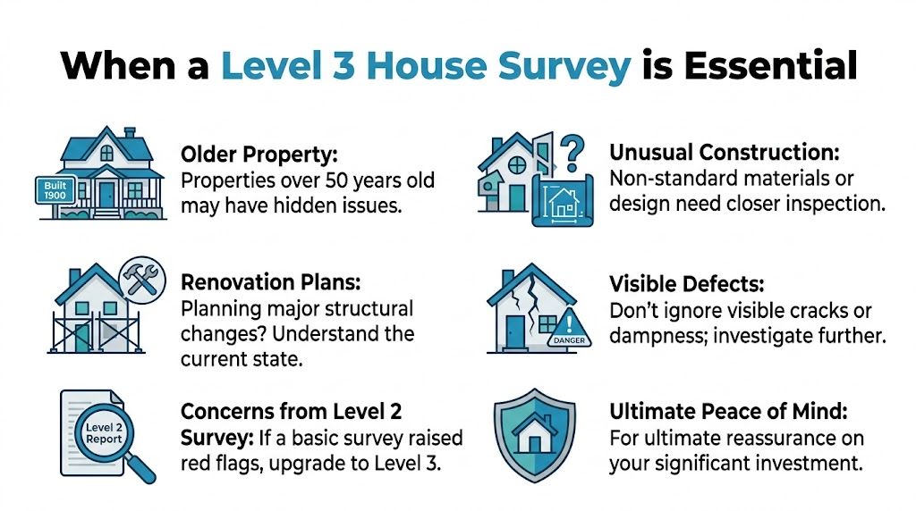 An infographic showing six reasons why a comprehensive Level 3 house survey is essential for property buyers.