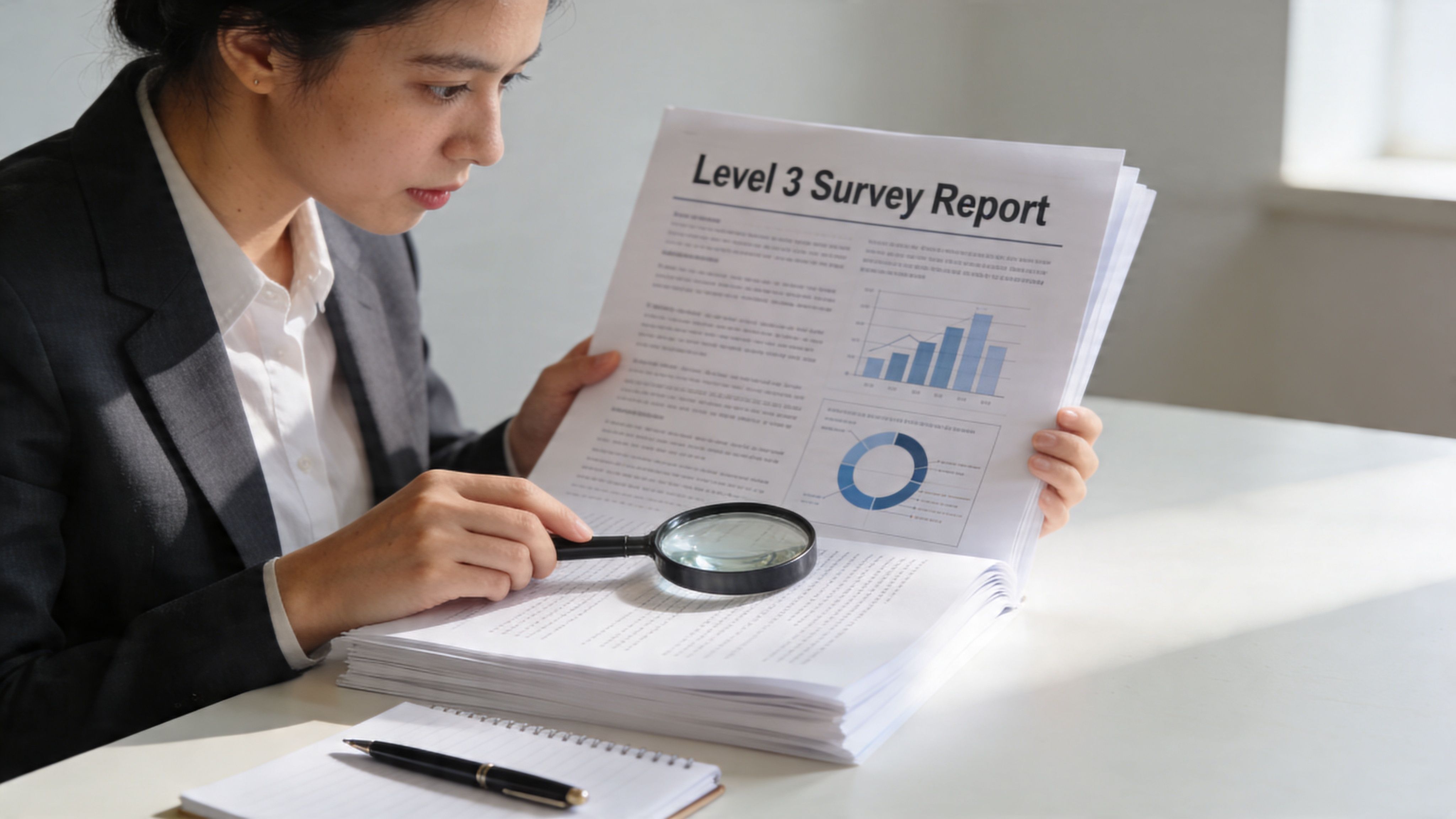 A professional woman in a suit using a magnifying glass to examine a level 3 survey report.