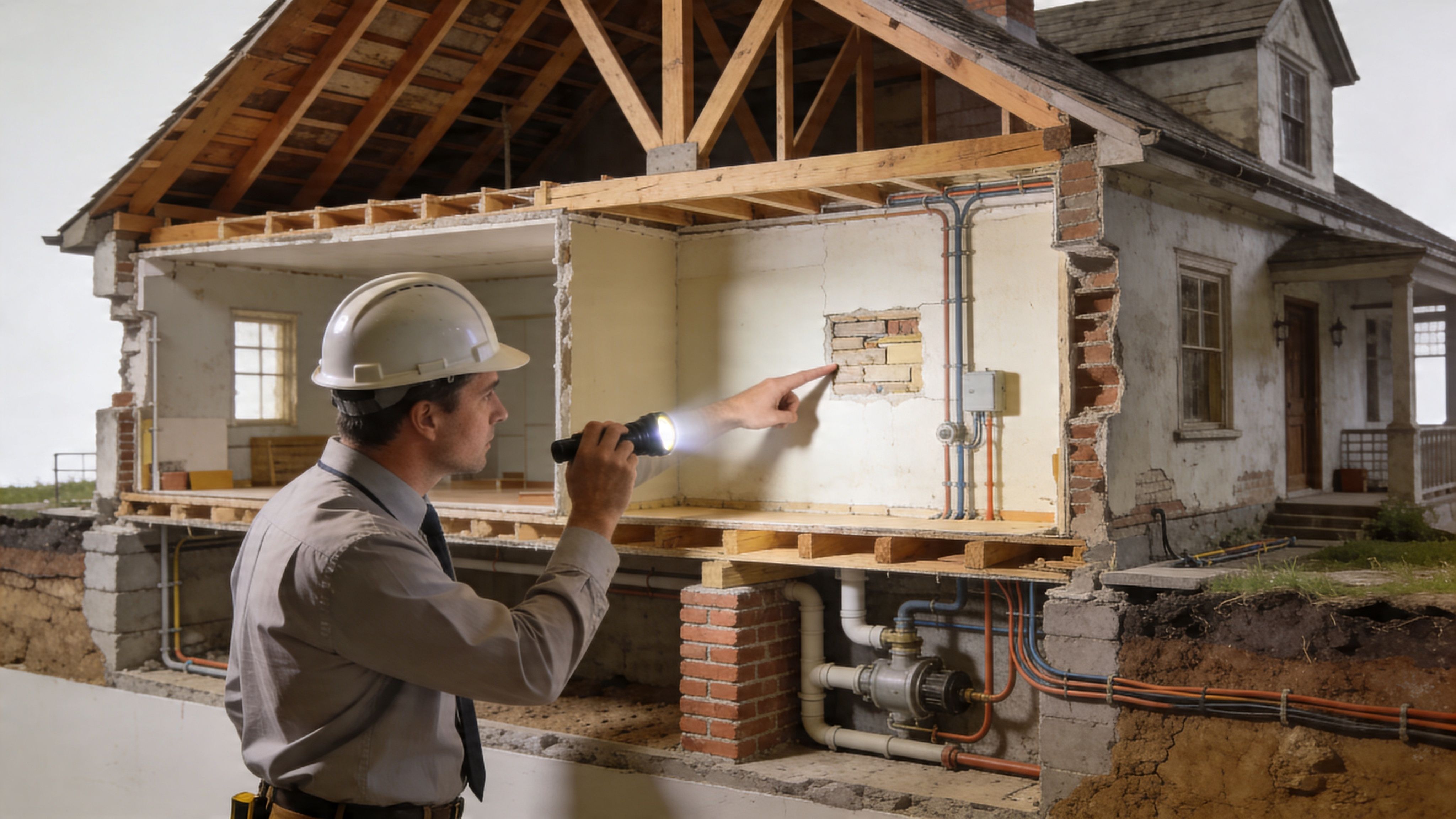 A professional building inspector wearing a hard hat examines the structural damage of a house cross-section model.