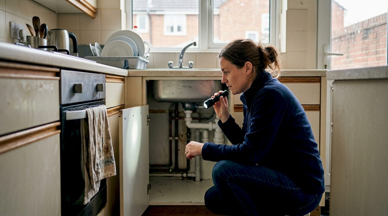 Homebuyer inspecting kitchen pipes with flashlight