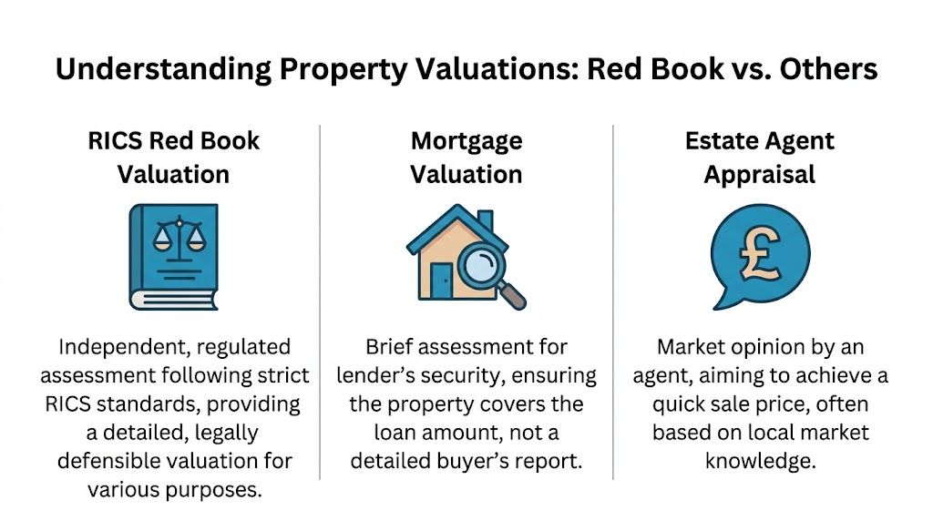 An infographic comparing RICS Red Book valuations, mortgage valuations, and estate agent appraisals for property.