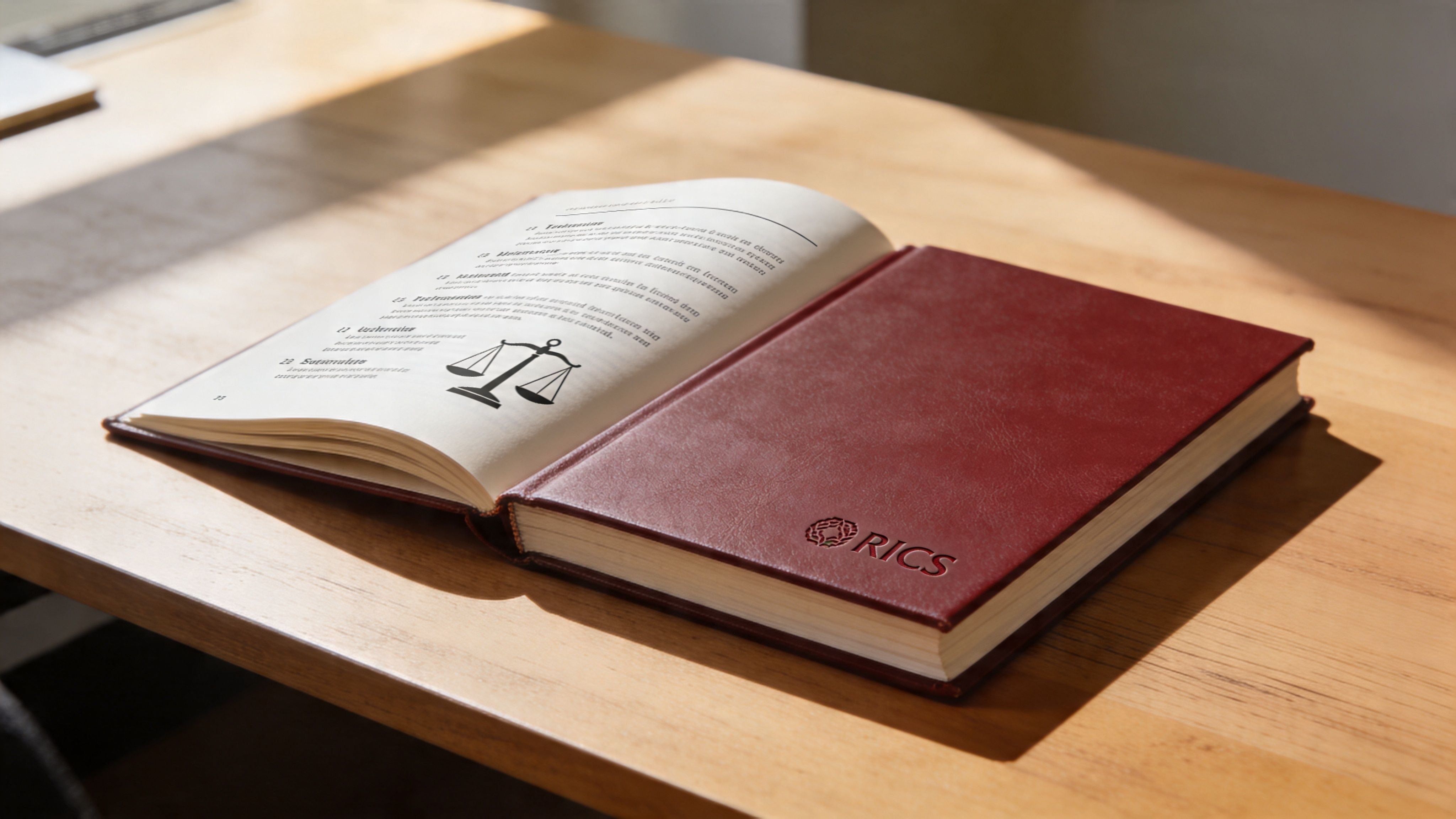 An open red RICS leather book with a justice scale icon on a wooden desk.