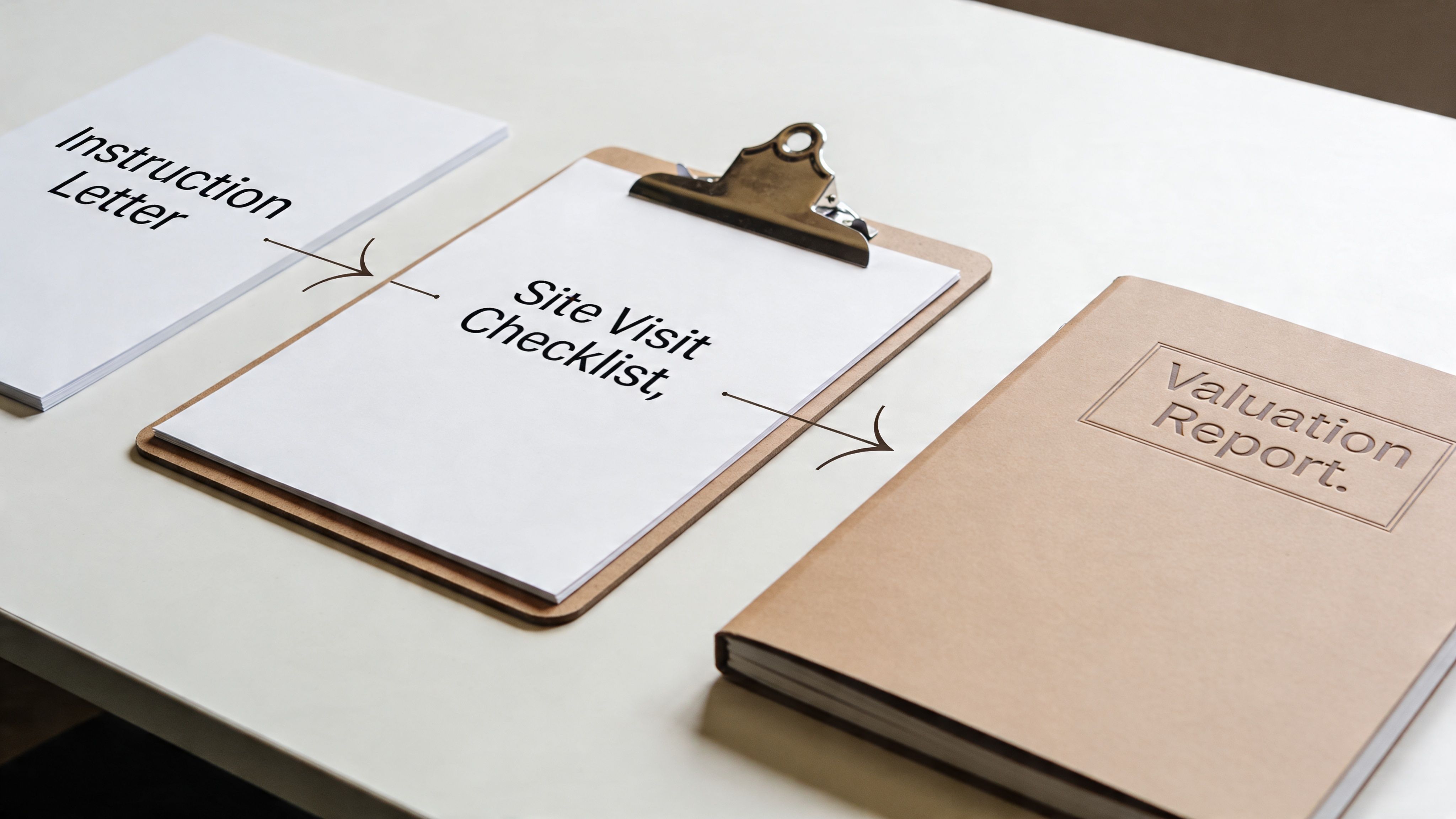 Professional paperwork including an instruction letter, a site visit checklist on a clipboard, and a valuation report.