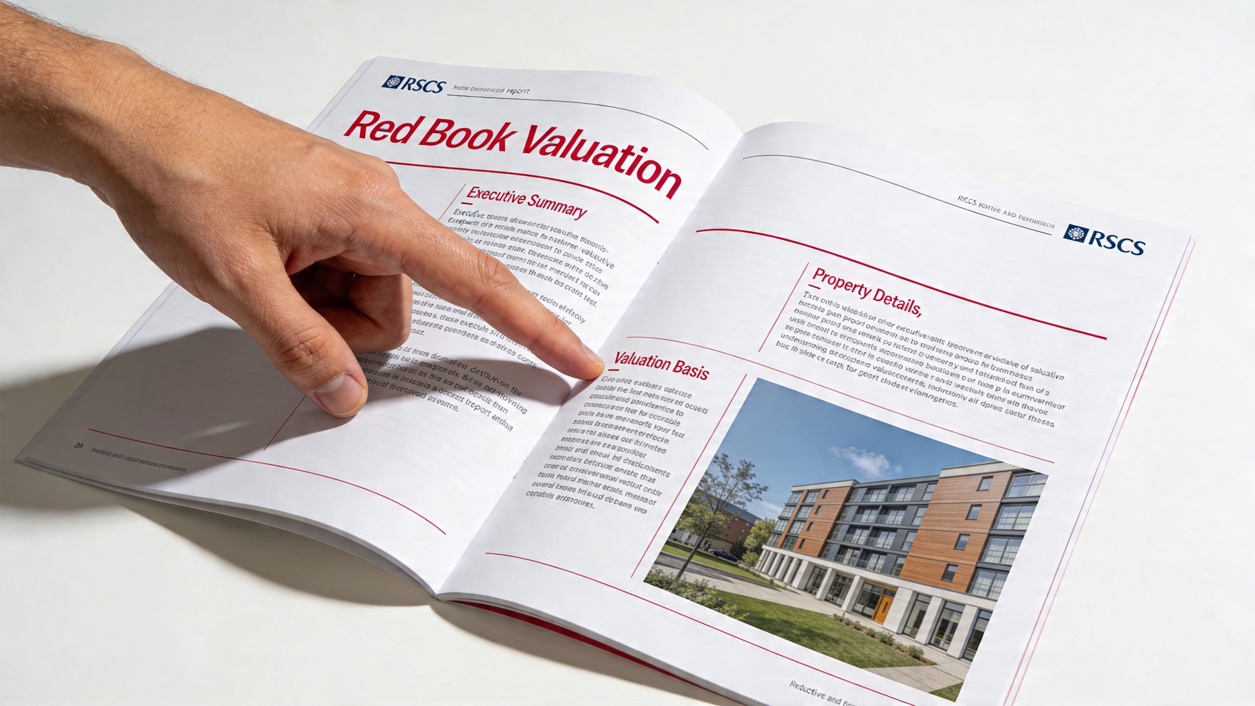 A person points to the Red Book Valuation section in an open professional property report document.