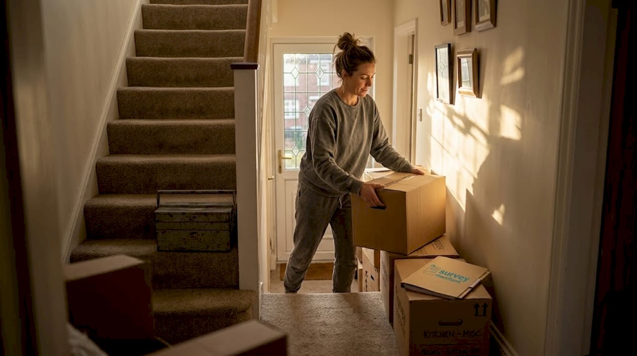 Homeowner clearing hallway for survey