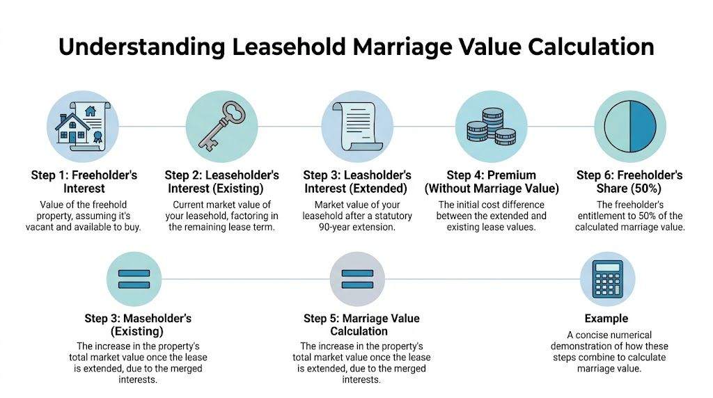 An infographic diagram outlining the six steps involved in calculating leasehold marriage value for property owners.