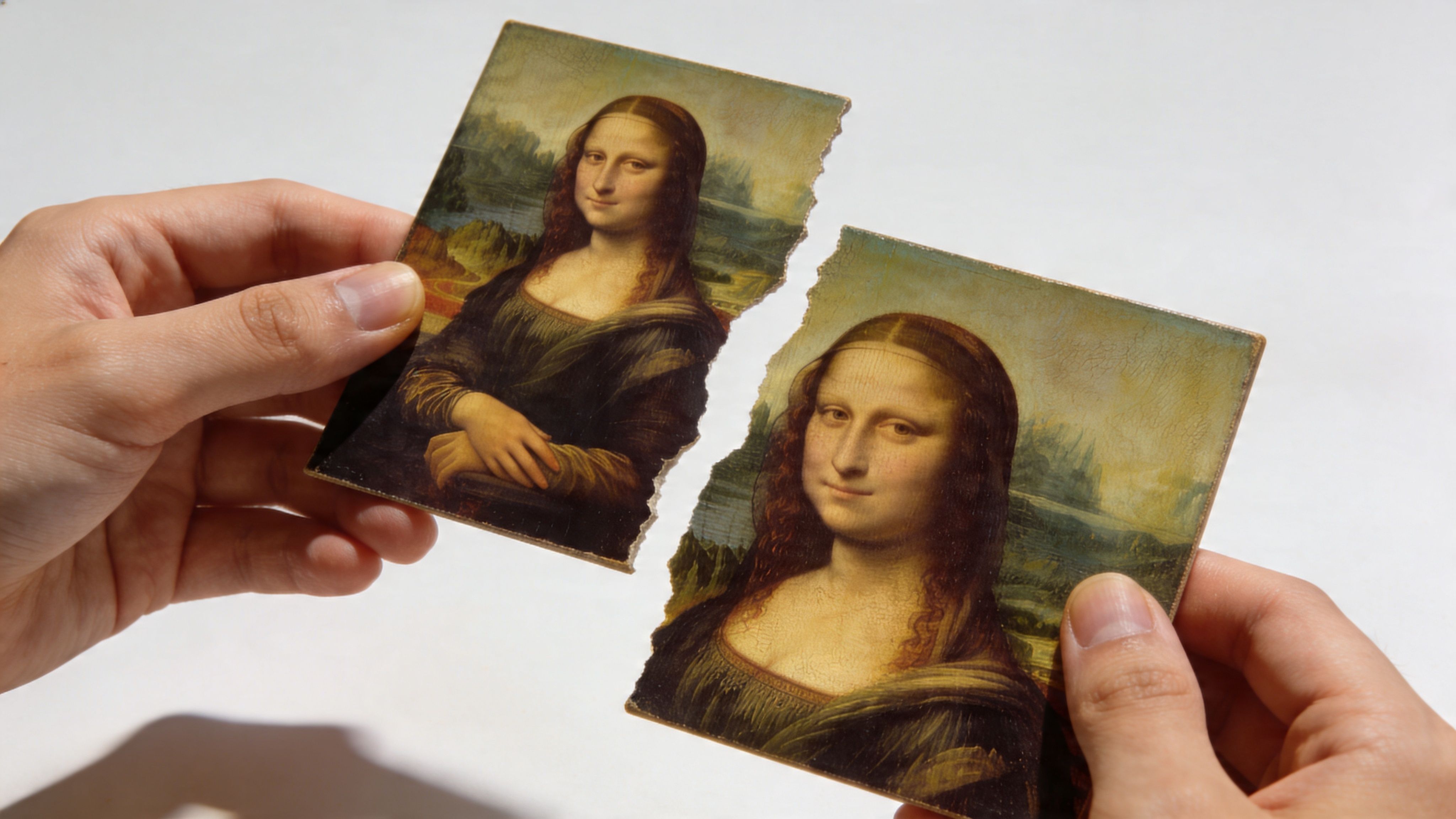 A person holding two torn pieces of a print depicting Leonardo da Vinci's Mona Lisa painting.