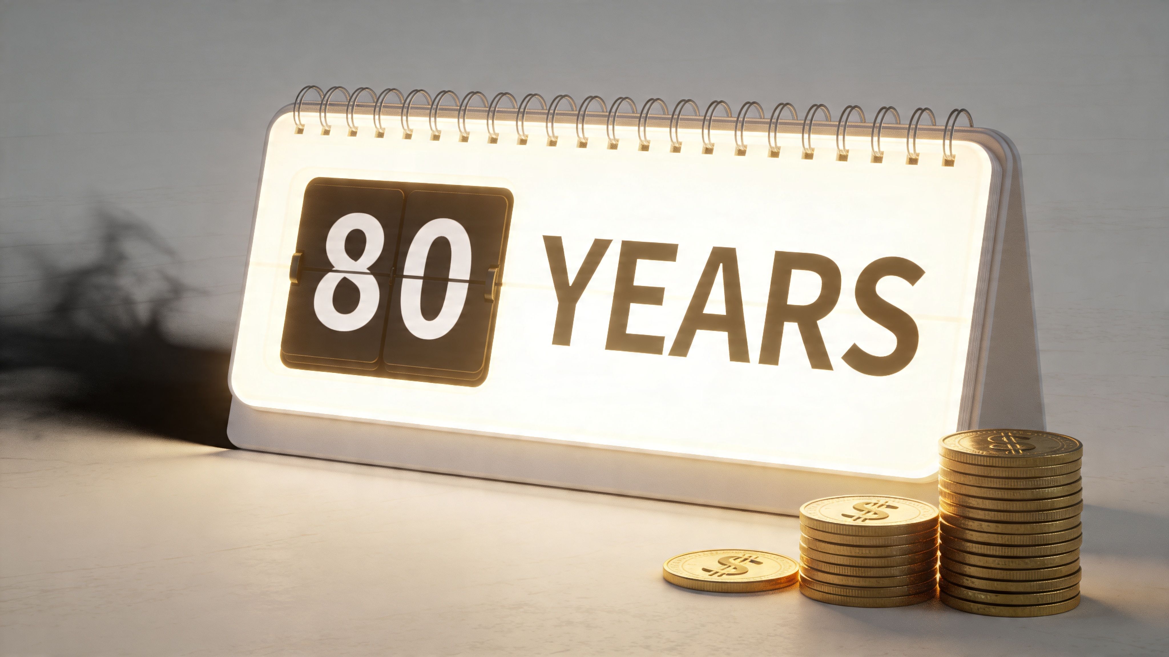 A flip calendar showing 80 years with stacks of gold coins on a white surface.