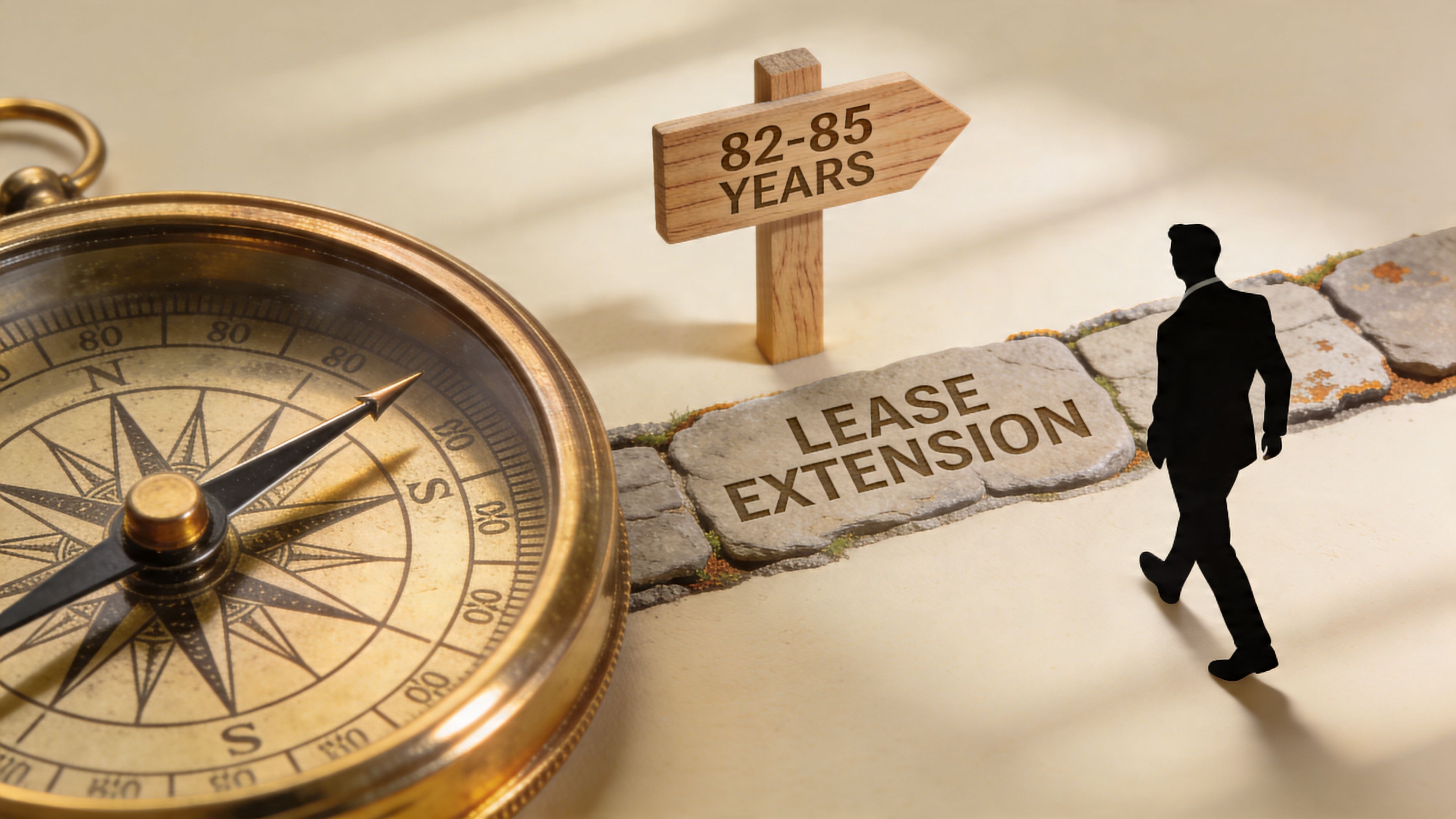 A compass beside a wooden sign pointing towards a stone path labeled lease extension with a businessman figure