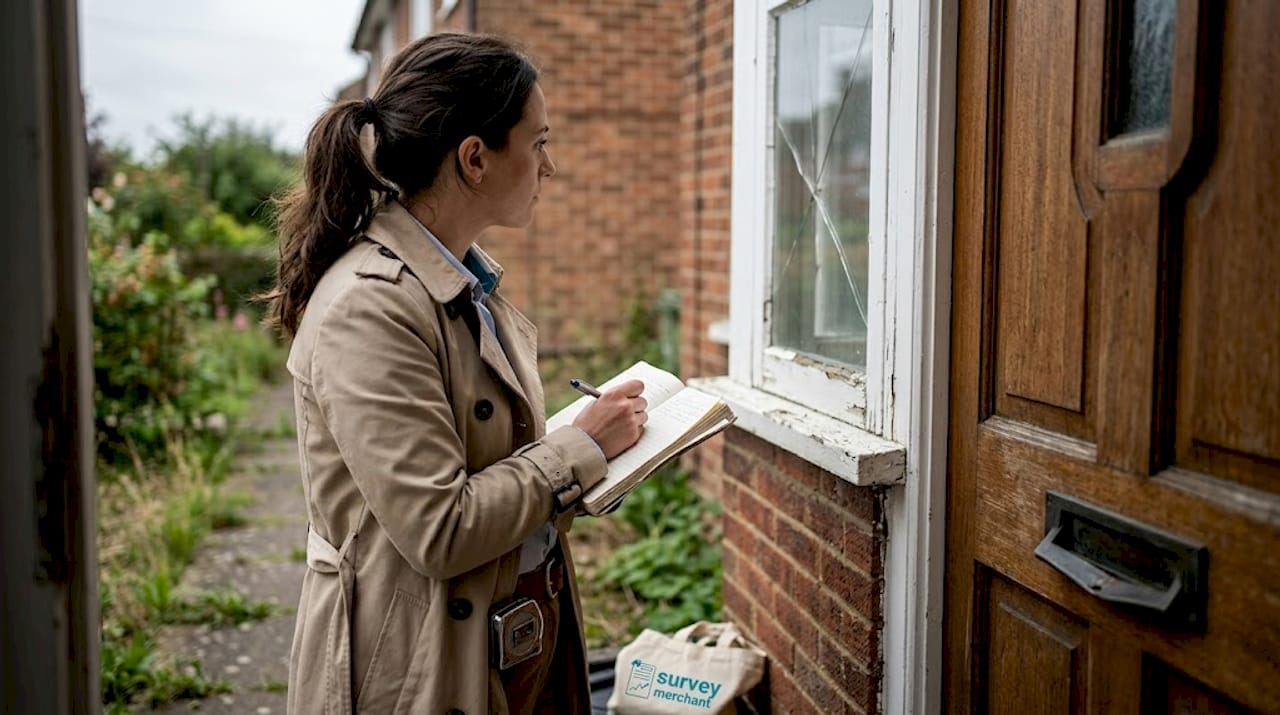Surveyor inspects house, notes window issues