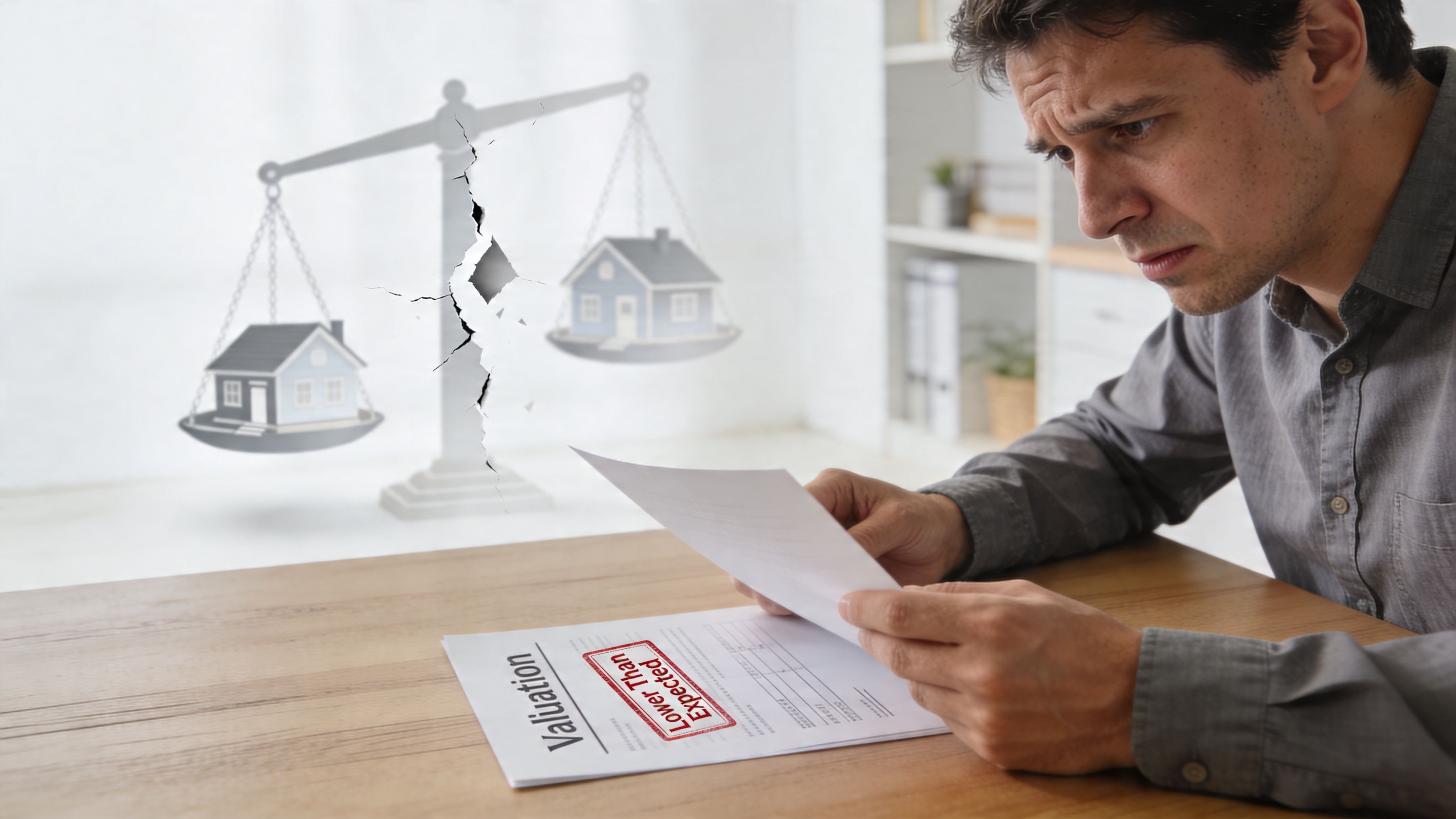 A concerned man reviewing a house valuation document with a lower than expected assessment, symbolized by broken scales.