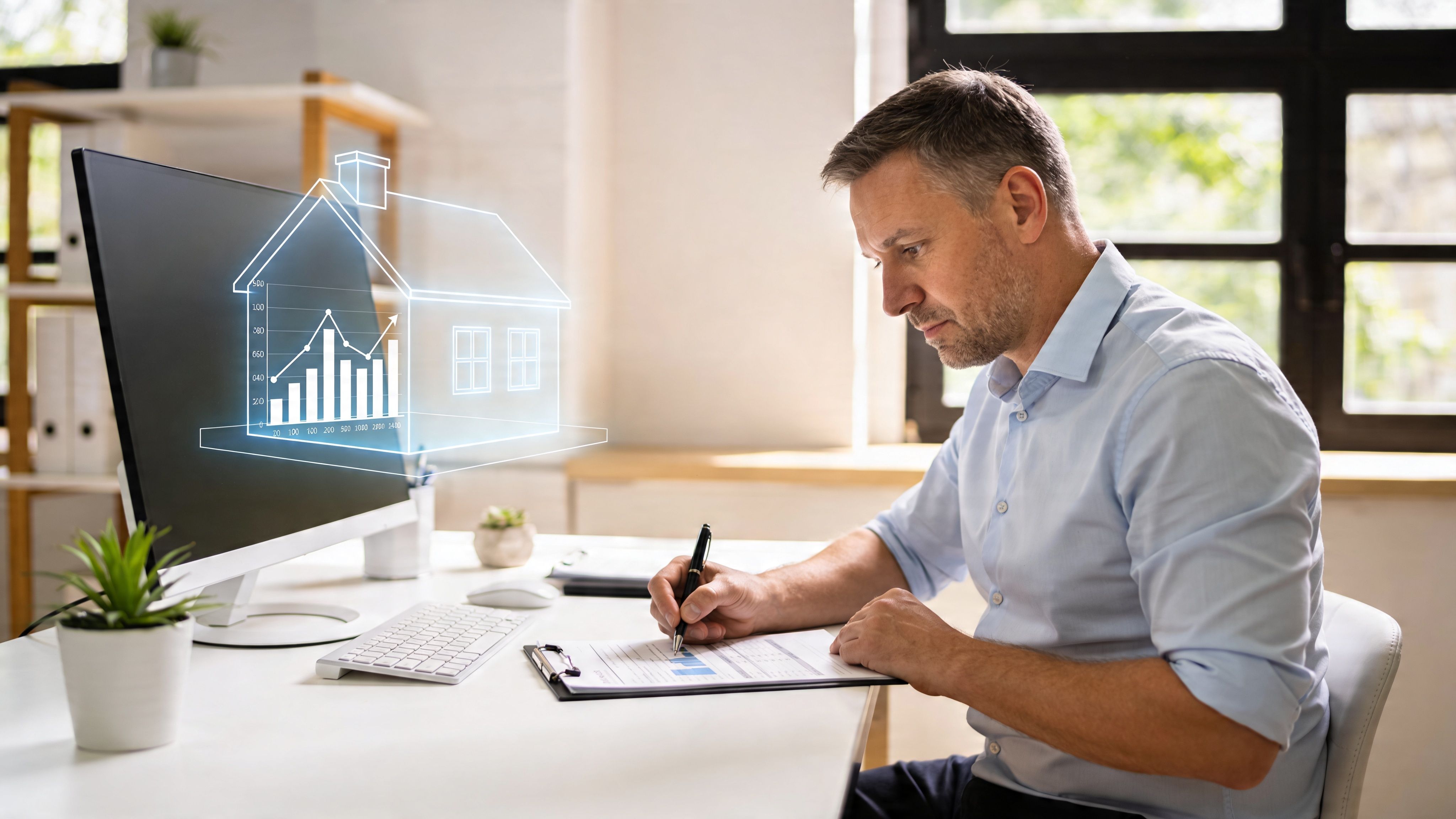 A professional man at a desk analyzing housing market trends using digital data and financial documents.