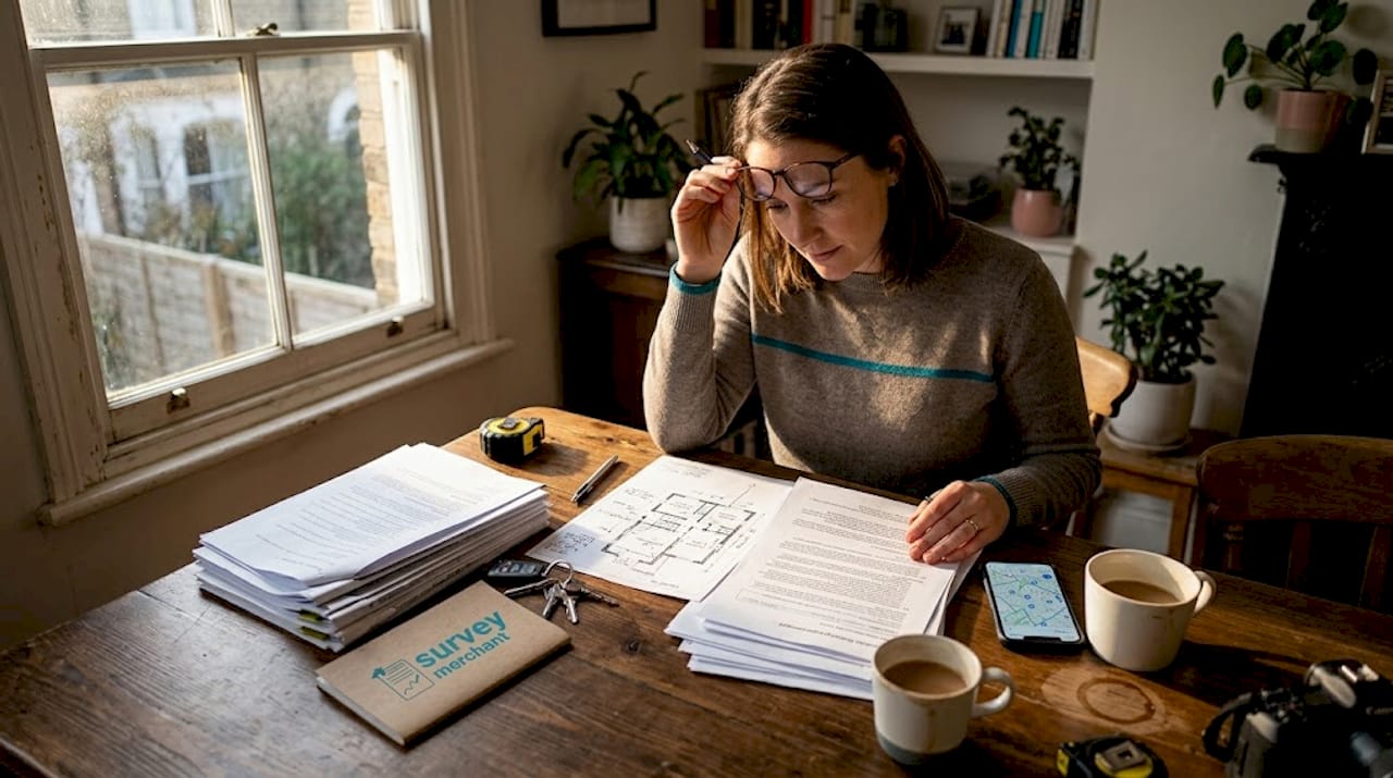 Surveyor checking house plans on dining table