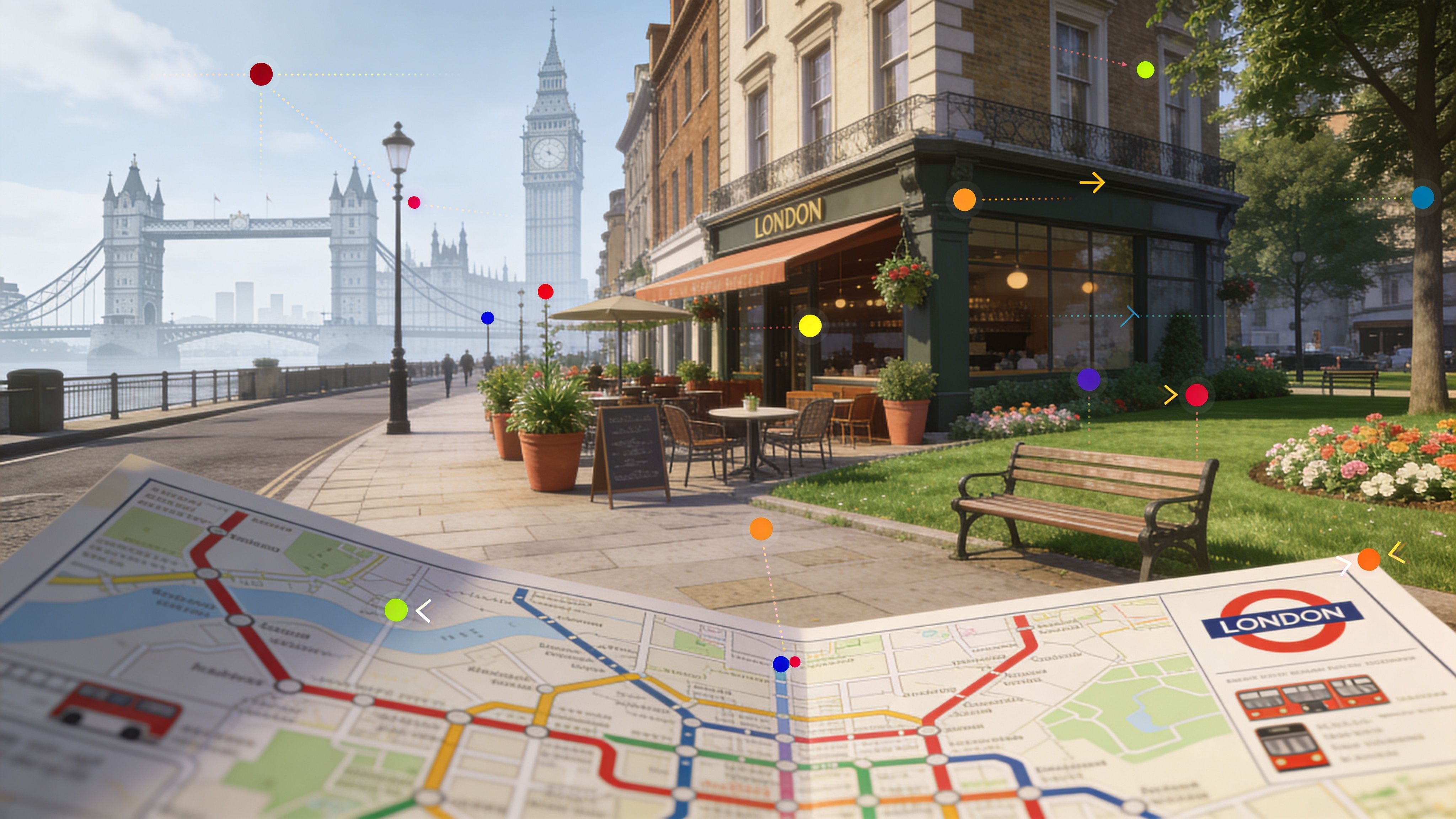 A scenic view of a London street cafe with Big Ben and Tower Bridge in the background.