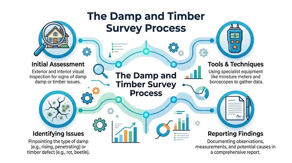 A professional infographic illustrating the four key stages of the damp and timber survey process.