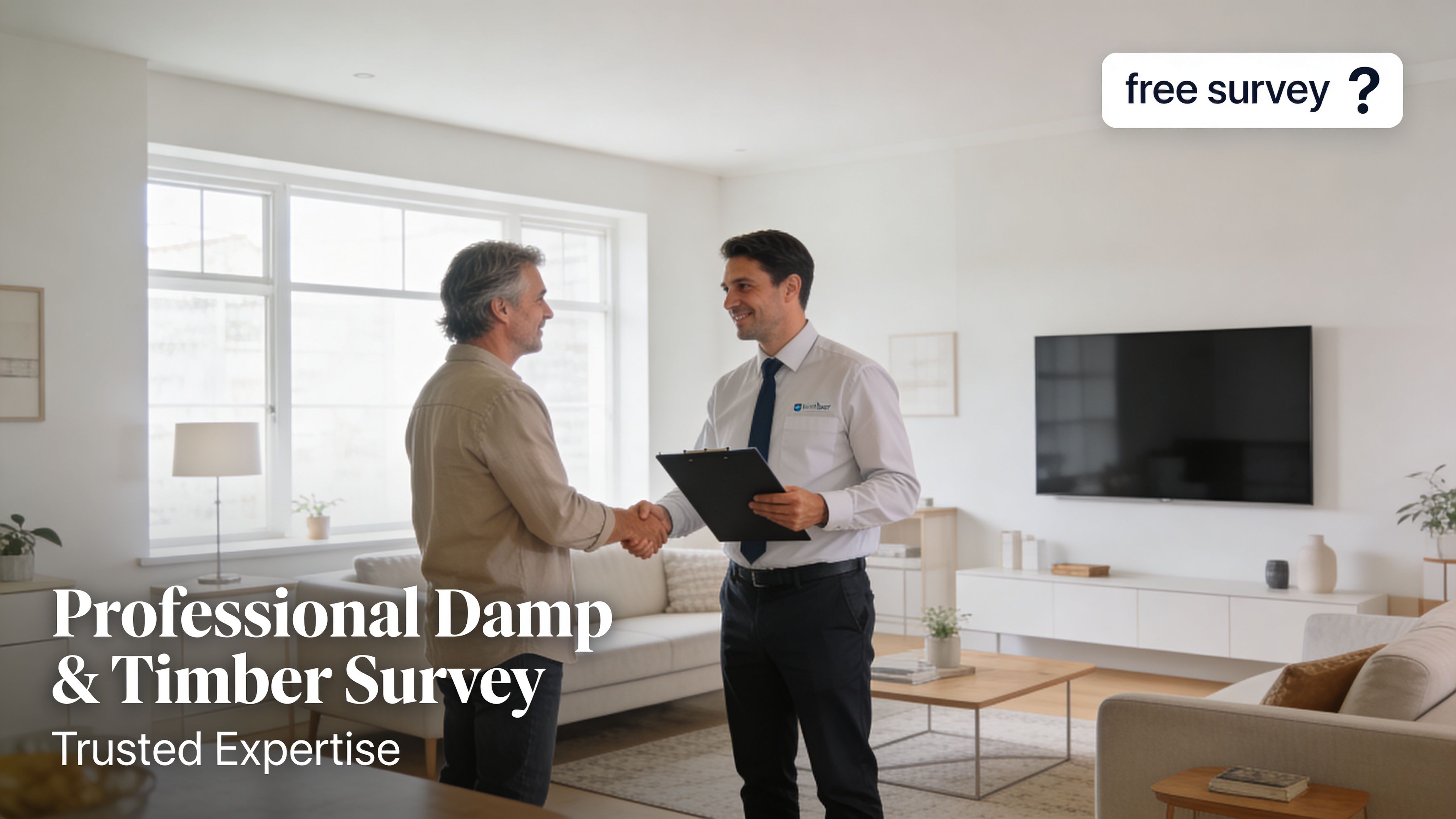 A professional surveyor shaking hands with a homeowner inside a modern living room for a property inspection.
