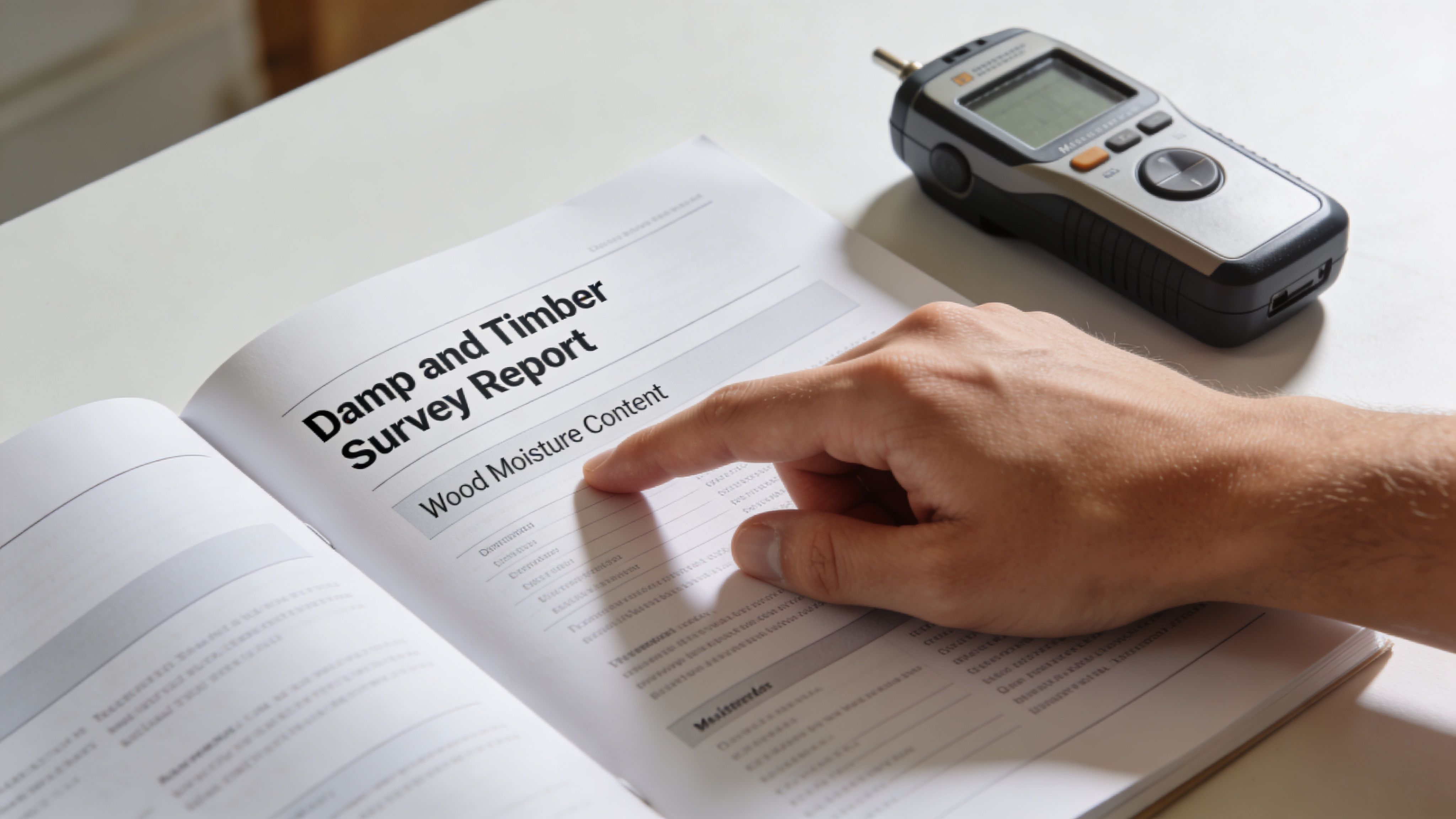 A professional surveyor's hand pointing at the Wood Moisture Content section of a Damp and Timber Survey Report.