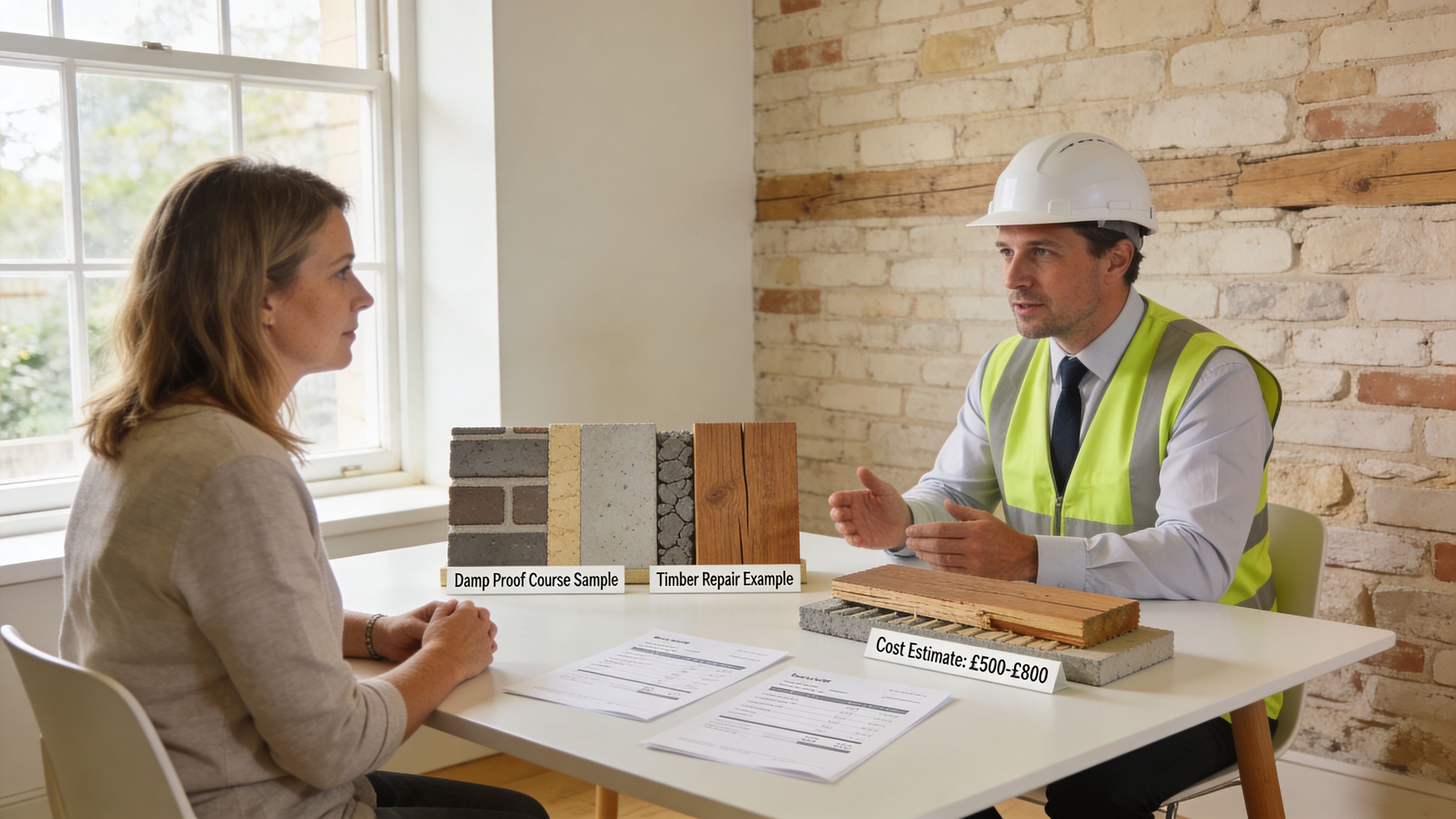 A professional surveyor discusses damp and timber survey results with a client at a table.