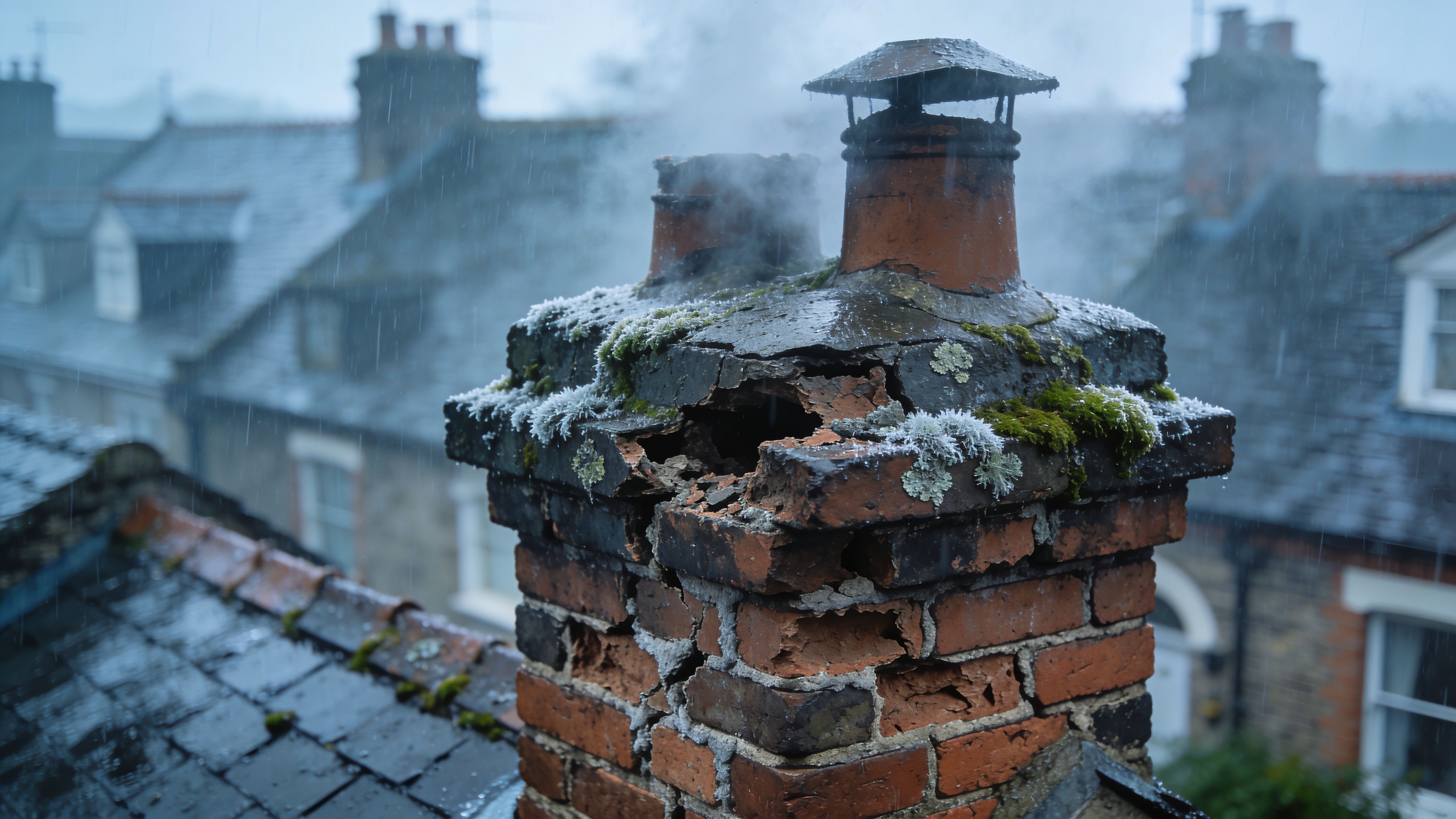 A close up view of a damaged and crumbling old brick chimney stack during a rainy day.