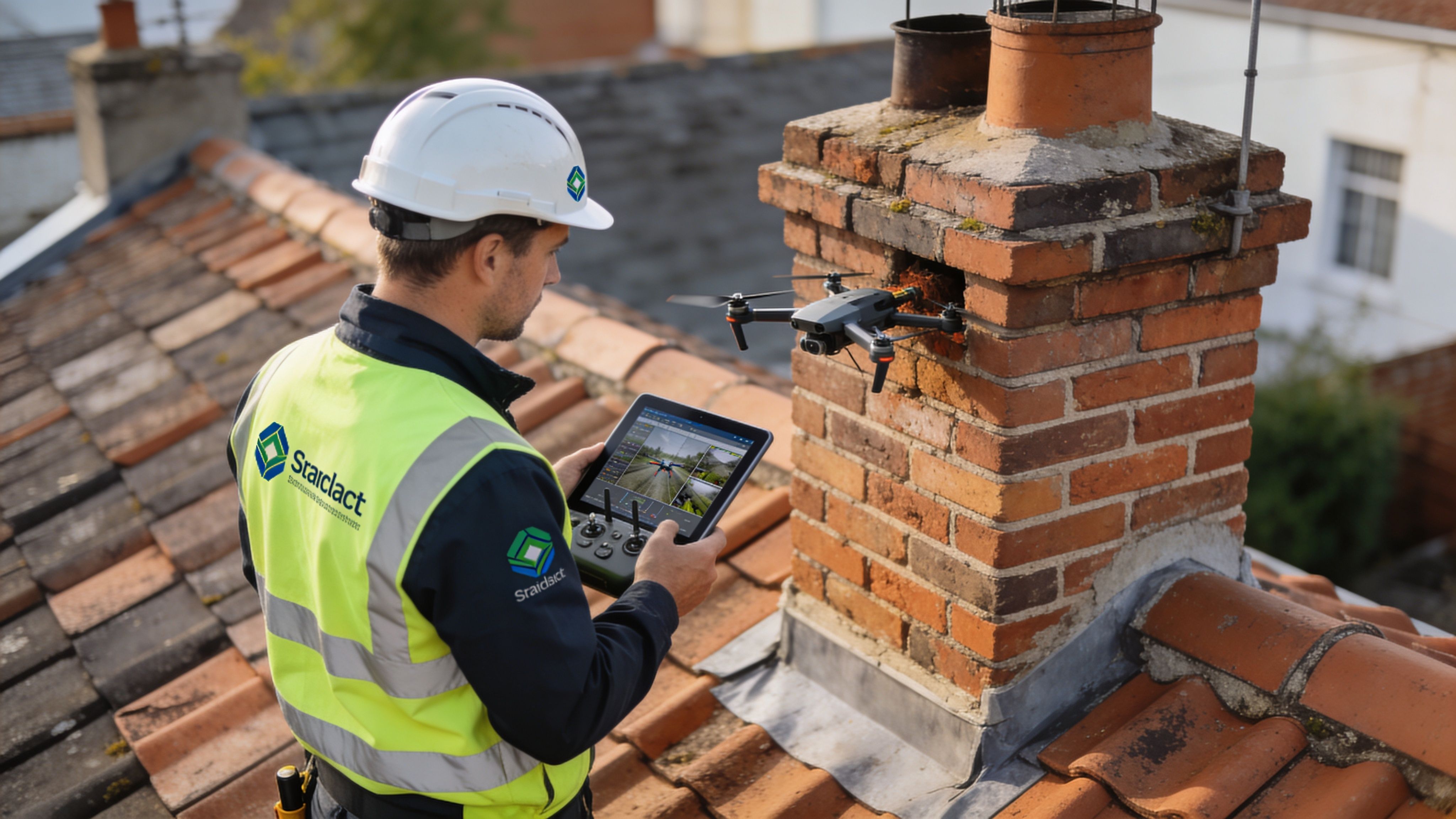 A professional drone operator inspects a brick chimney stack on a tiled roof using a remote controller.