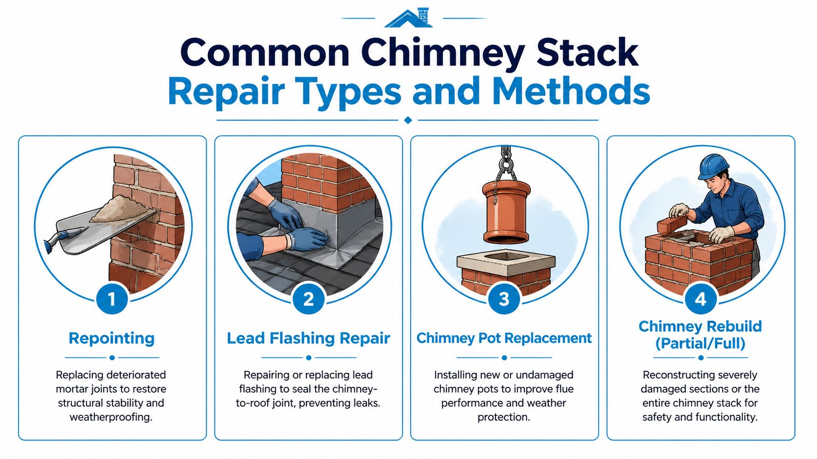An infographic detailing four common types of chimney stack repairs including repointing, flashing, pot replacement, and rebuilding.