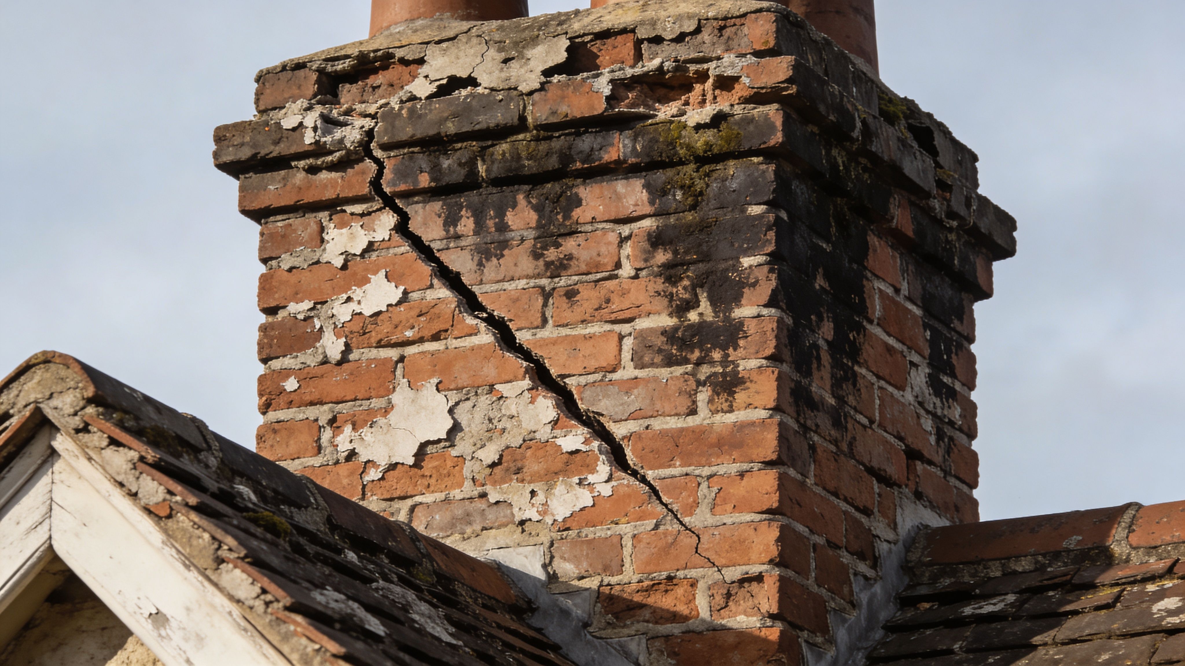 A severely damaged brick chimney stack showing a large structural crack and peeling mortar on a rooftop.
