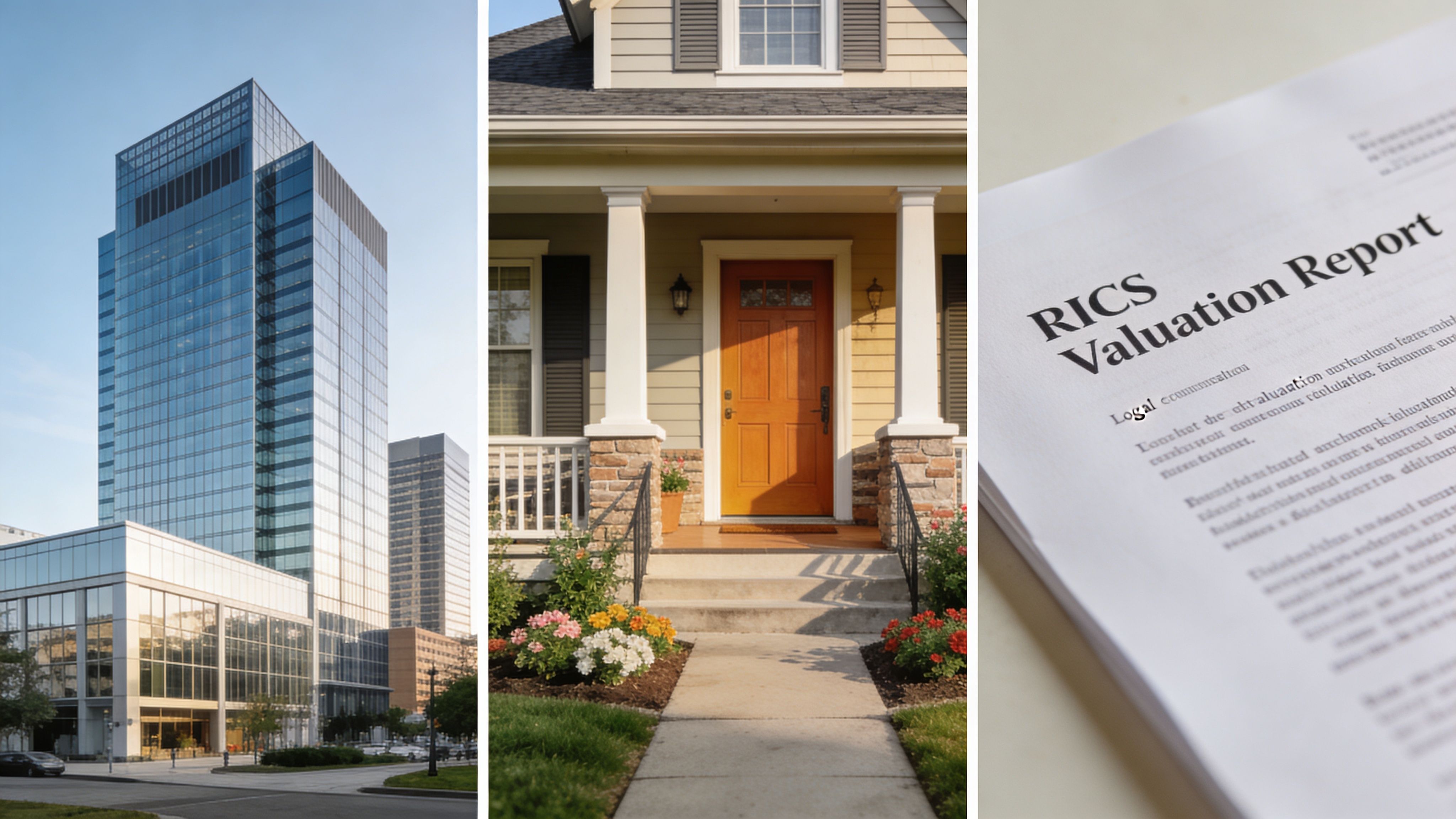 A commercial building, a residential house, and a RICS valuation report document shown side by side.