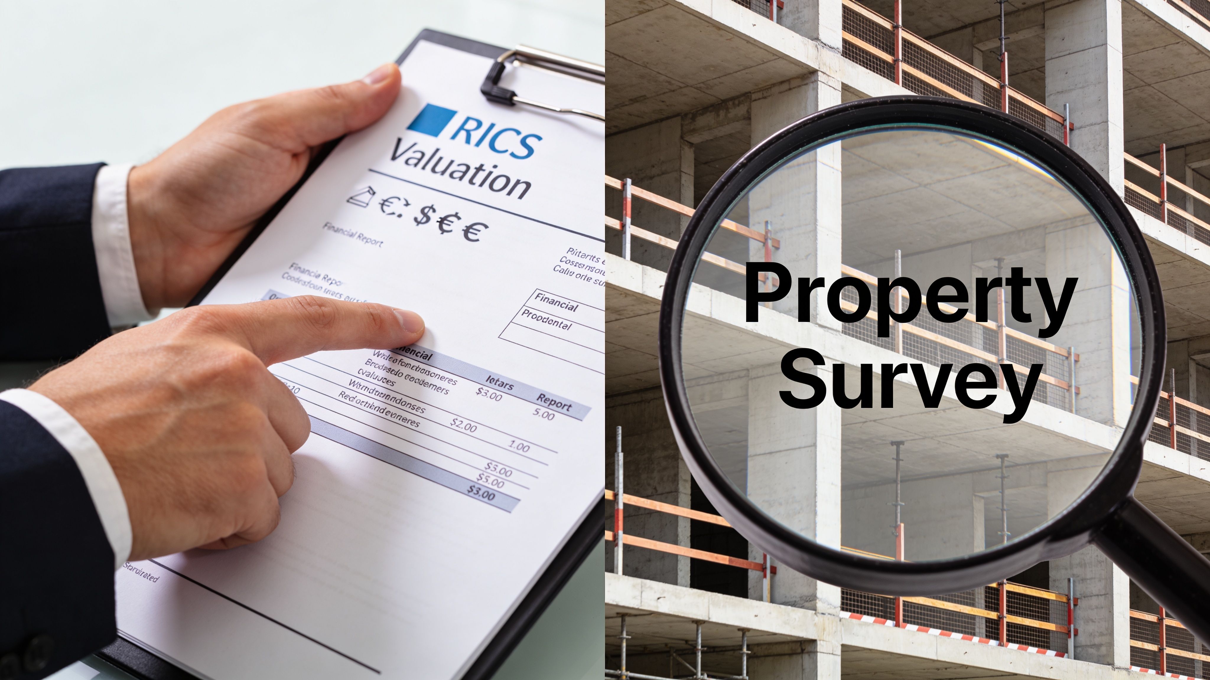 A professional analyzing a RICS valuation report next to a magnifying glass over a construction site.