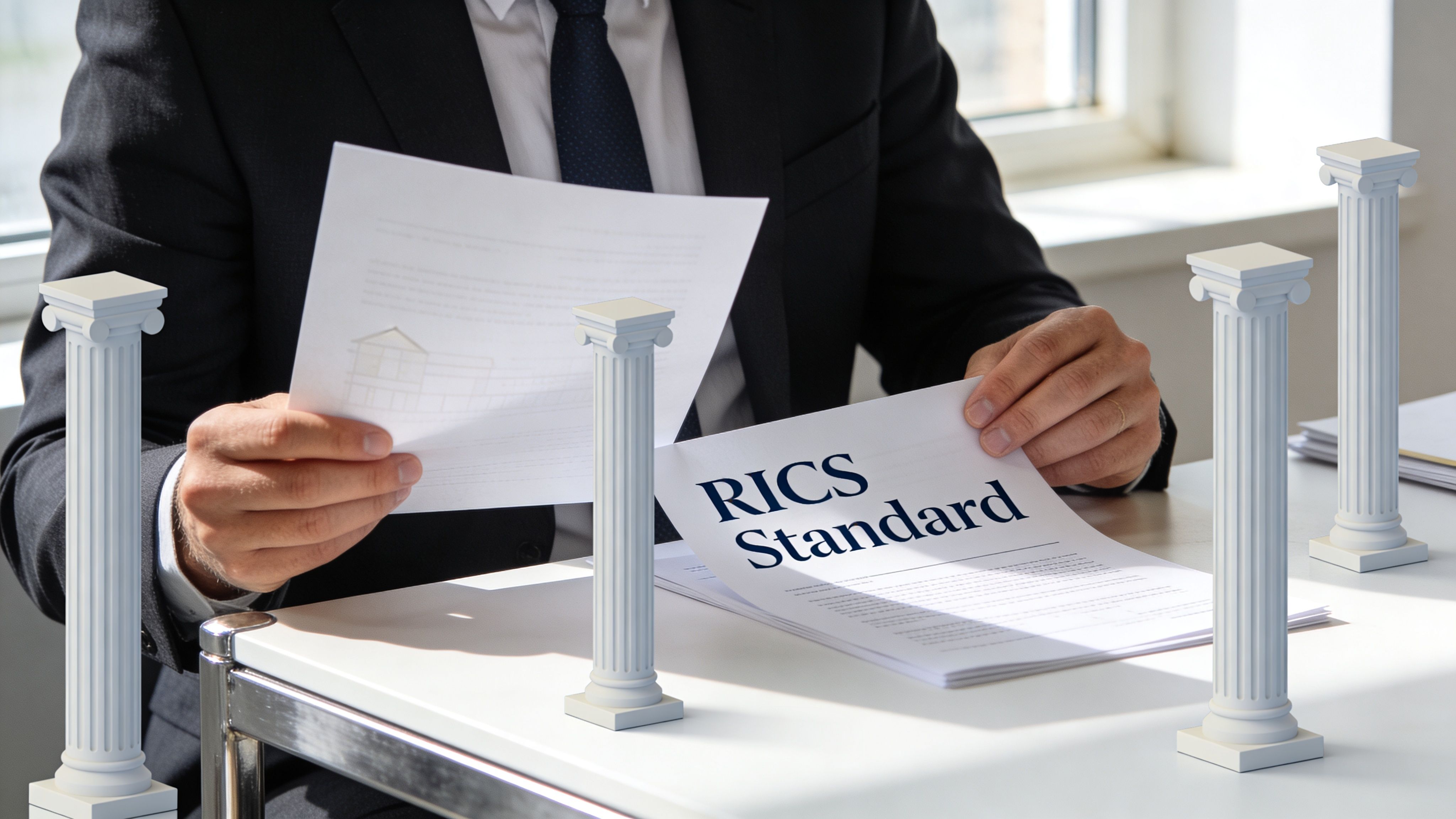 A professional in a suit reviewing documentation labeled RICS Standard with decorative columns on the desk.