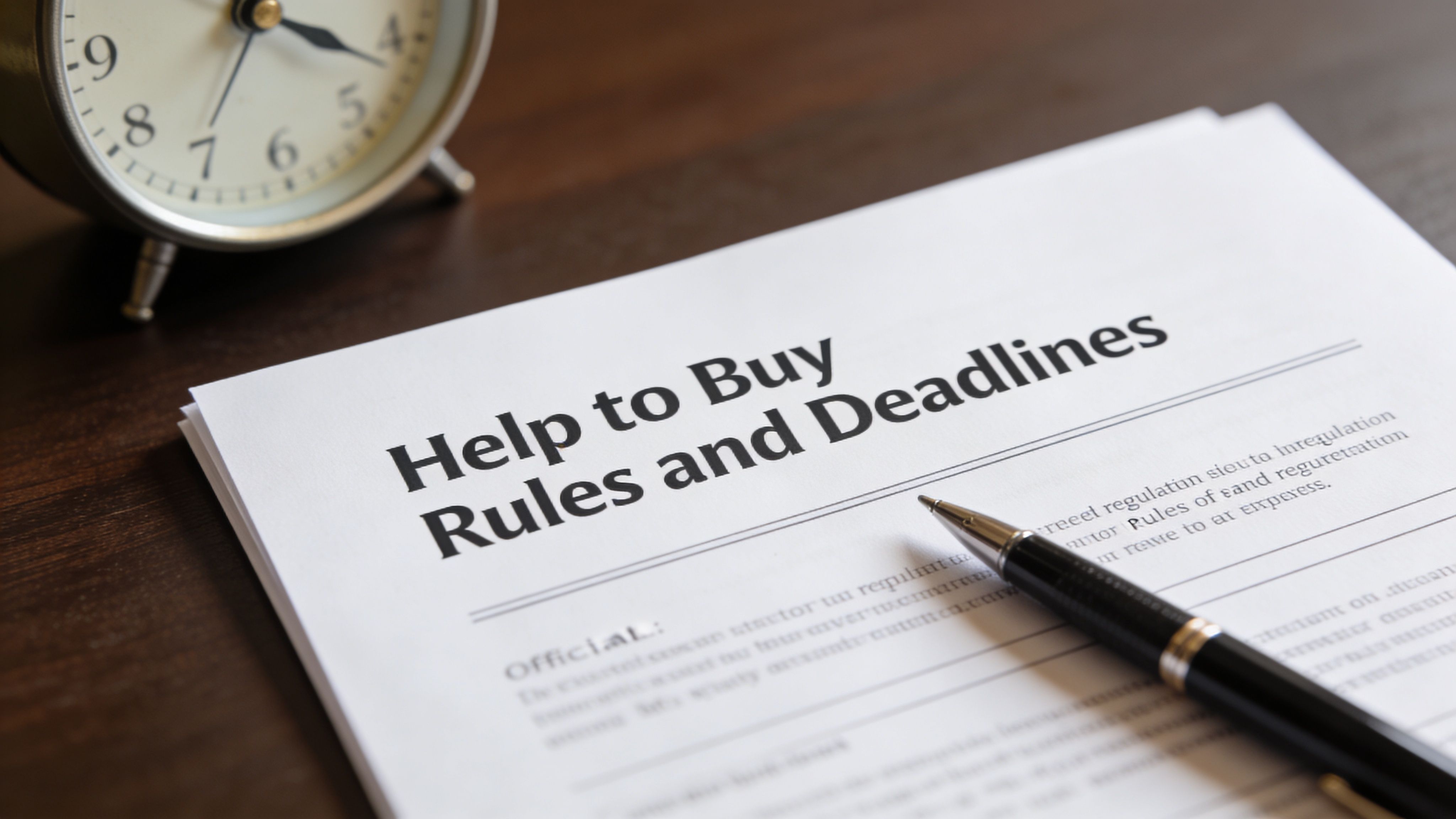 A document titled Help to Buy Rules and Deadlines sits on a desk with a pen and clock.